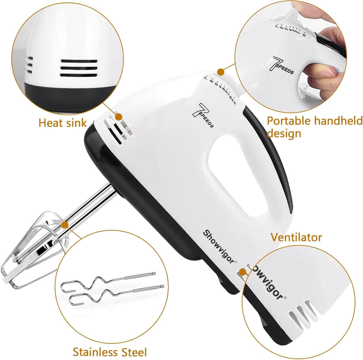 Electric Hand mixer - 7 Adjustable Speed 180W Handheld Mixer Electric Whisk with 5 Stainless Steel Accessories, Turbo Boost/Self-Control Speed + Eject Button Food Beater for Cakes Eggs, Off-white