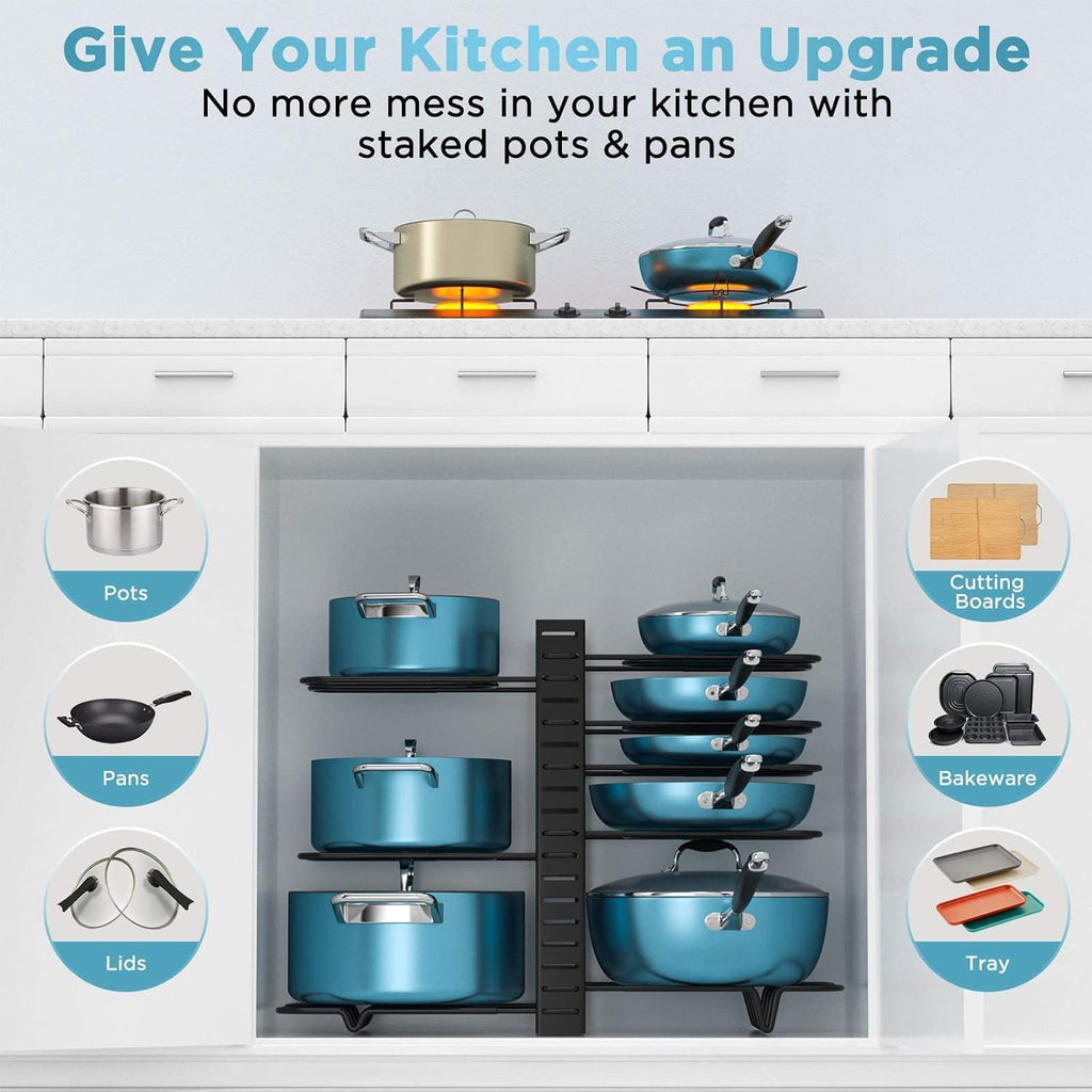 ORDORA Pots and Pans Organizer for Cabinet 16.61 Height, 8 Tier Pot Organizers Rack with 3 DIY Methods, Adjustable Pan Organizer under Cabinet Kitchen Organization and Storage