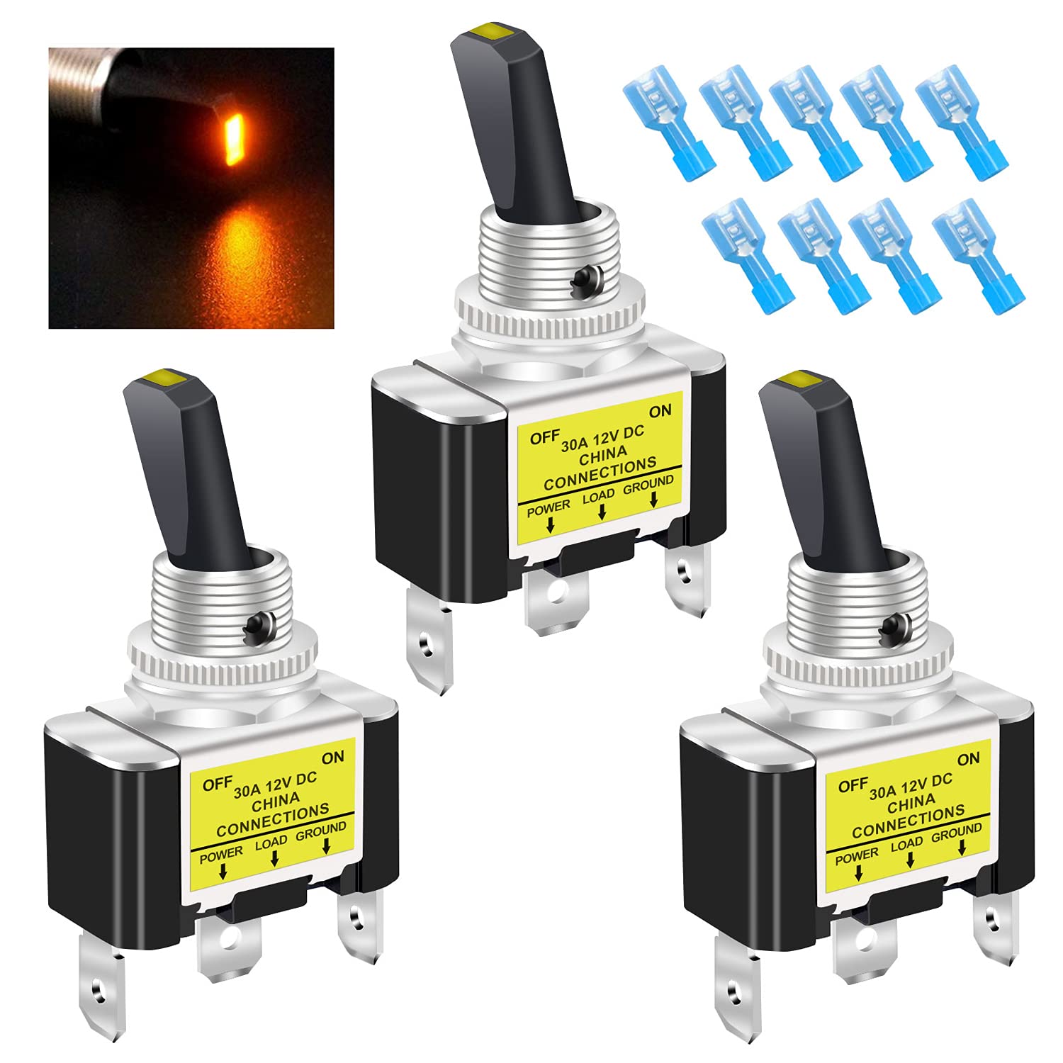 Twidec/3Pcs Rocker Toggle Switch 12V 20A Heavy Duty Racing Car Automotive Auto SPST ON/Off Toggle Switch Blue LED Light Illuminated 3Pin with Blue Waterproof Safety Cover ASW-07DBUBUMZ