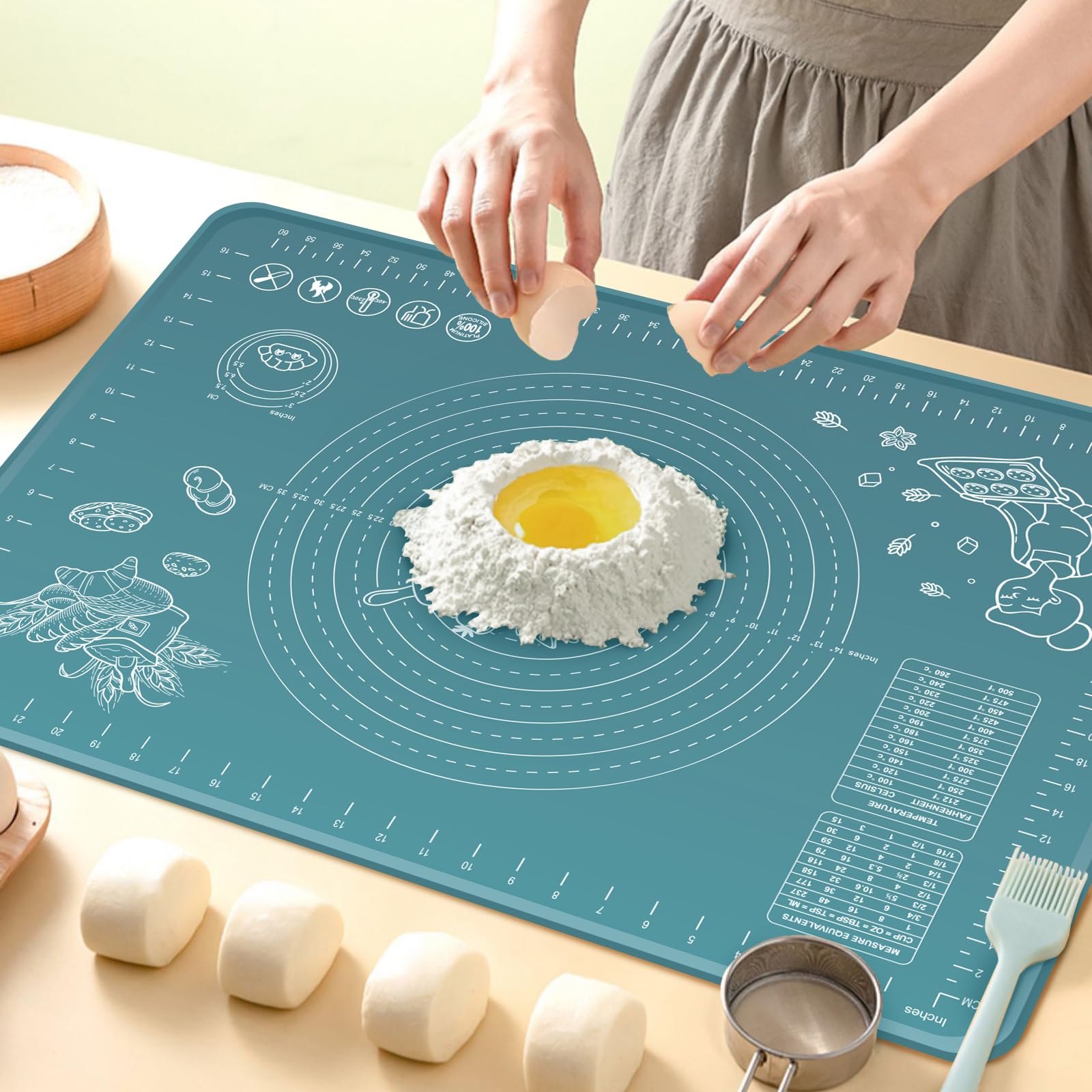 Silicone Baking Mat 32x24 inch, Extra Thick Non-stick Pastry Mat with Measurements and Edge Heightening, Food Grade Silicone for Countertop Dough Rolling Making Bread, Cookies, Pizza, Fondant, Pasta