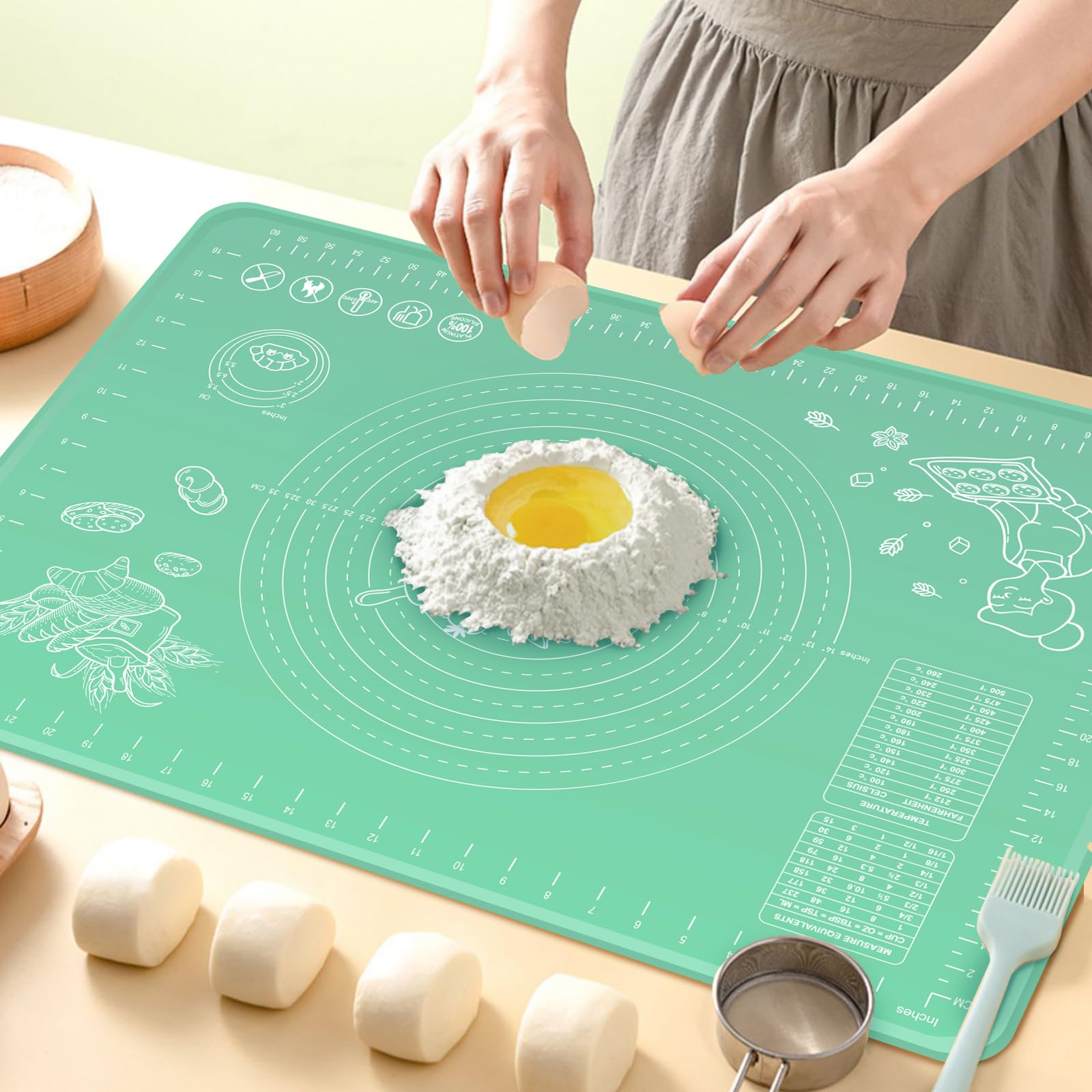 Silicone Baking Mat 32x24 inch, Extra Thick Non-stick Pastry Mat with Measurements and Edge Heightening, Food Grade Silicone for Countertop Dough Rolling Making Bread, Cookies, Pizza, Fondant, Pasta