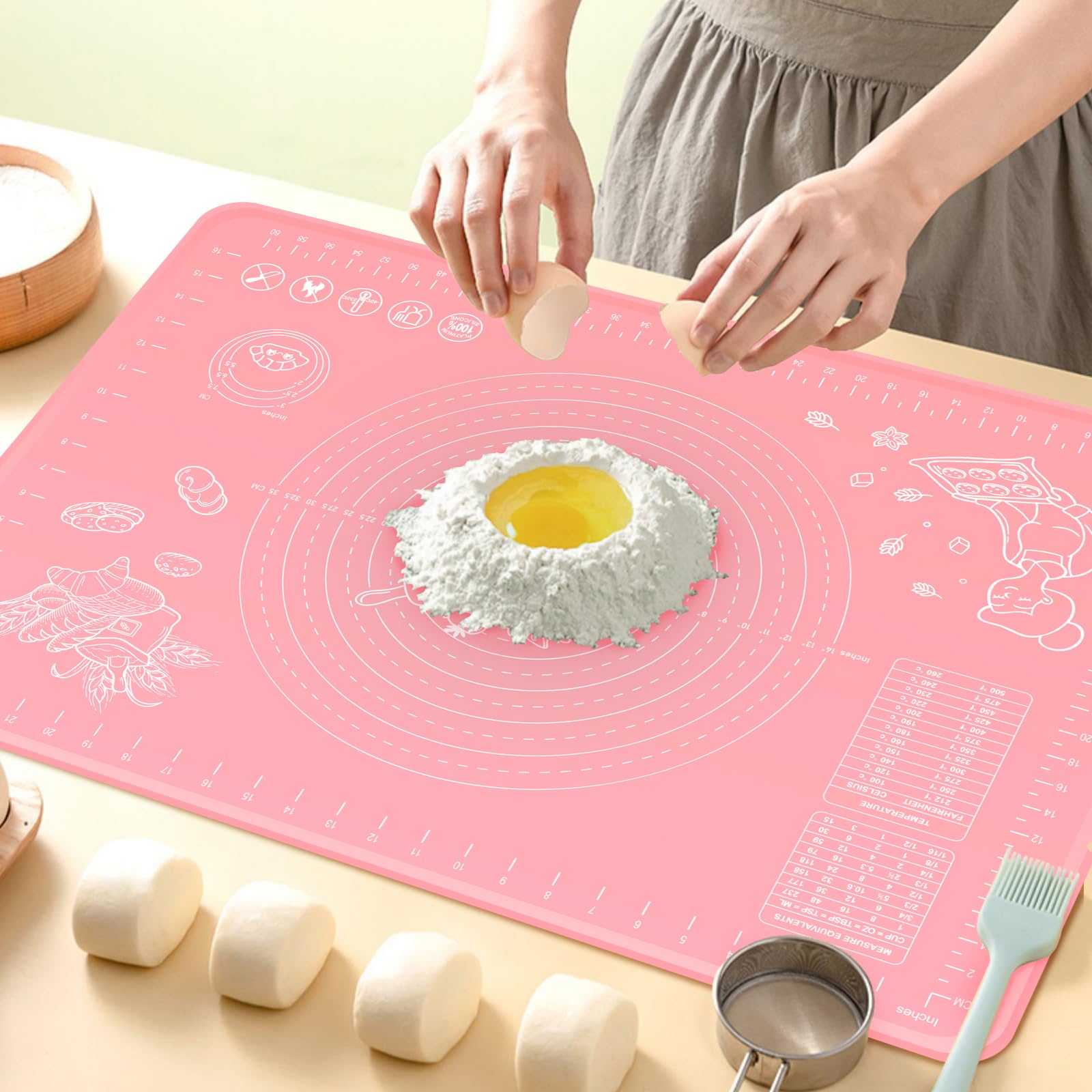Silicone Baking Mat 32x24 inch, Extra Thick Non-stick Pastry Mat with Measurements and Edge Heightening, Food Grade Silicone for Countertop Dough Rolling Making Bread, Cookies, Pizza, Fondant, Pasta