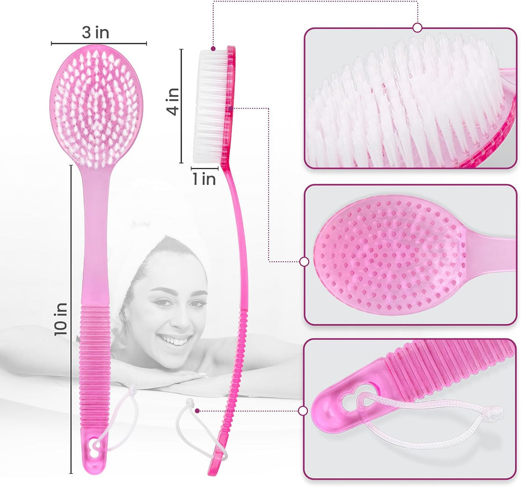 DecorRack Bath Brush with Bristles, Long Handle for Exfoliating Back, Body, and Feet, Bath and Shower Scrubber, Pink (1 Pack)