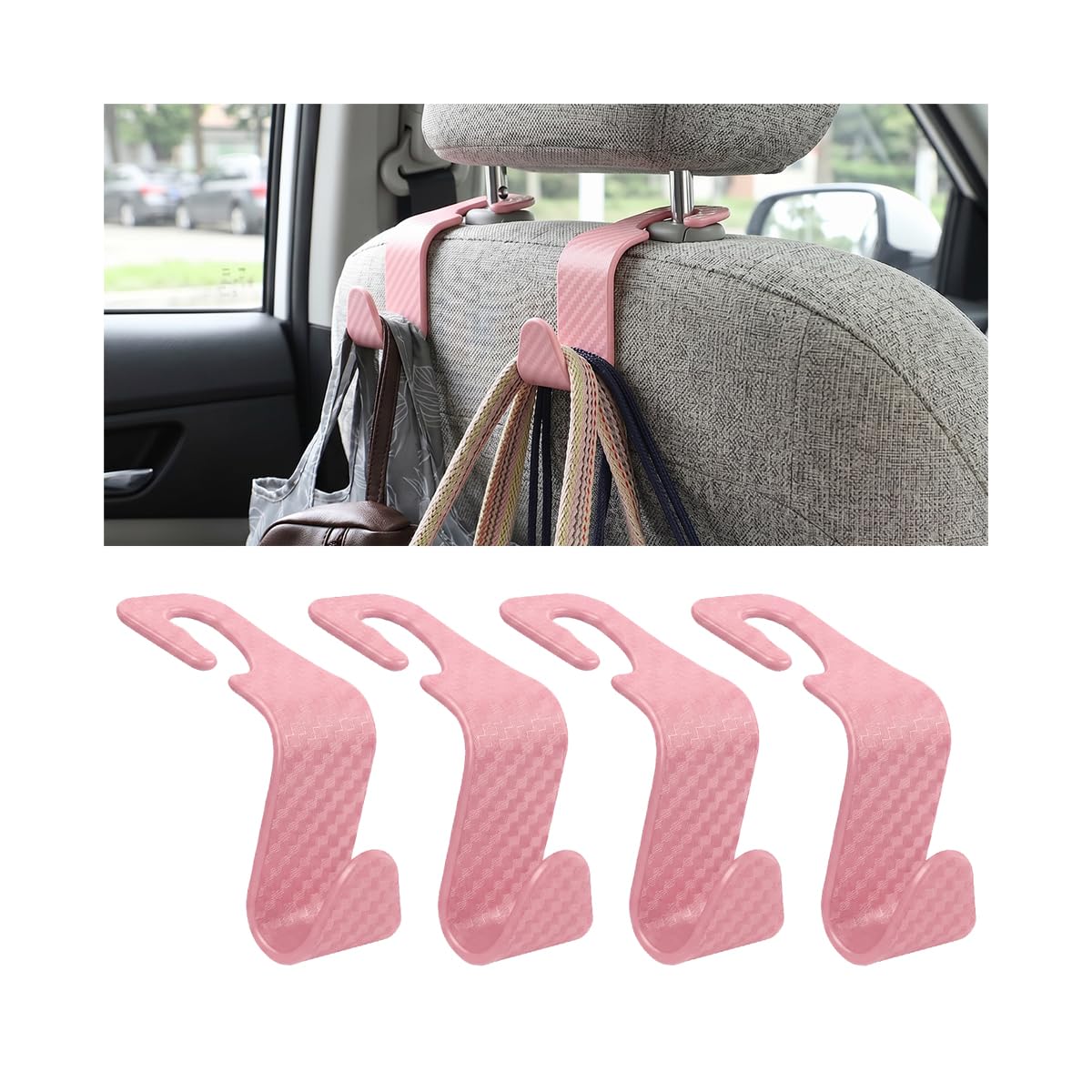 Car Back Seat Headrest Hooks, 4 Pack Carbon Fiber Stylish Back Seat Hanger for Car Handbag Clothes Coats Grocery Bags, Car Interior Accessories (Carbon Fibre/Black)