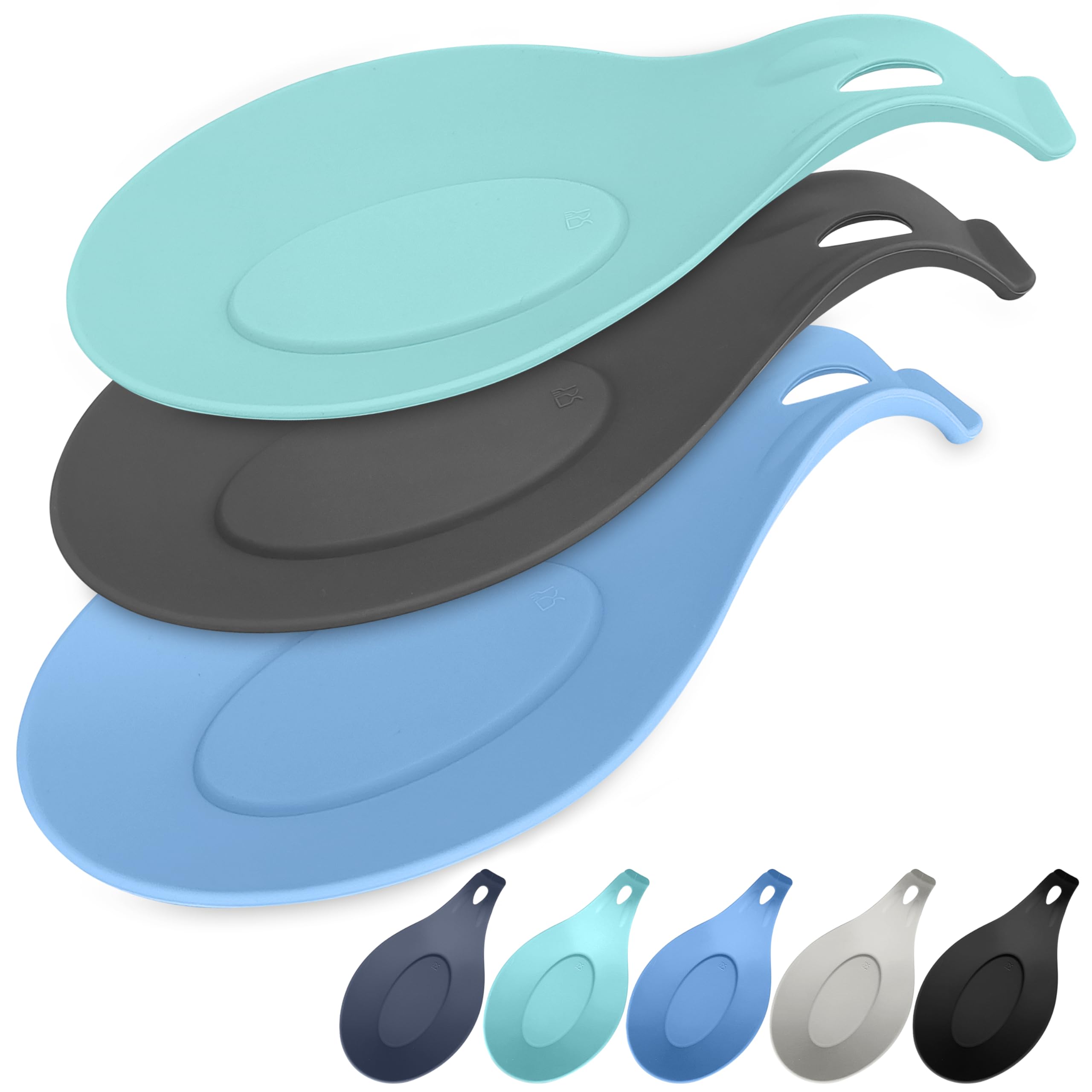Silicone Spoon Rest for Stove Top Set of 3 – HEAT RESISTANT DISHWASHER SAFE Kitchen Utensil Holder for LARGE Utensils - Won’t Break - Non-Slip - Ideal for Glass & Induction Cooktops - for Home Cooks