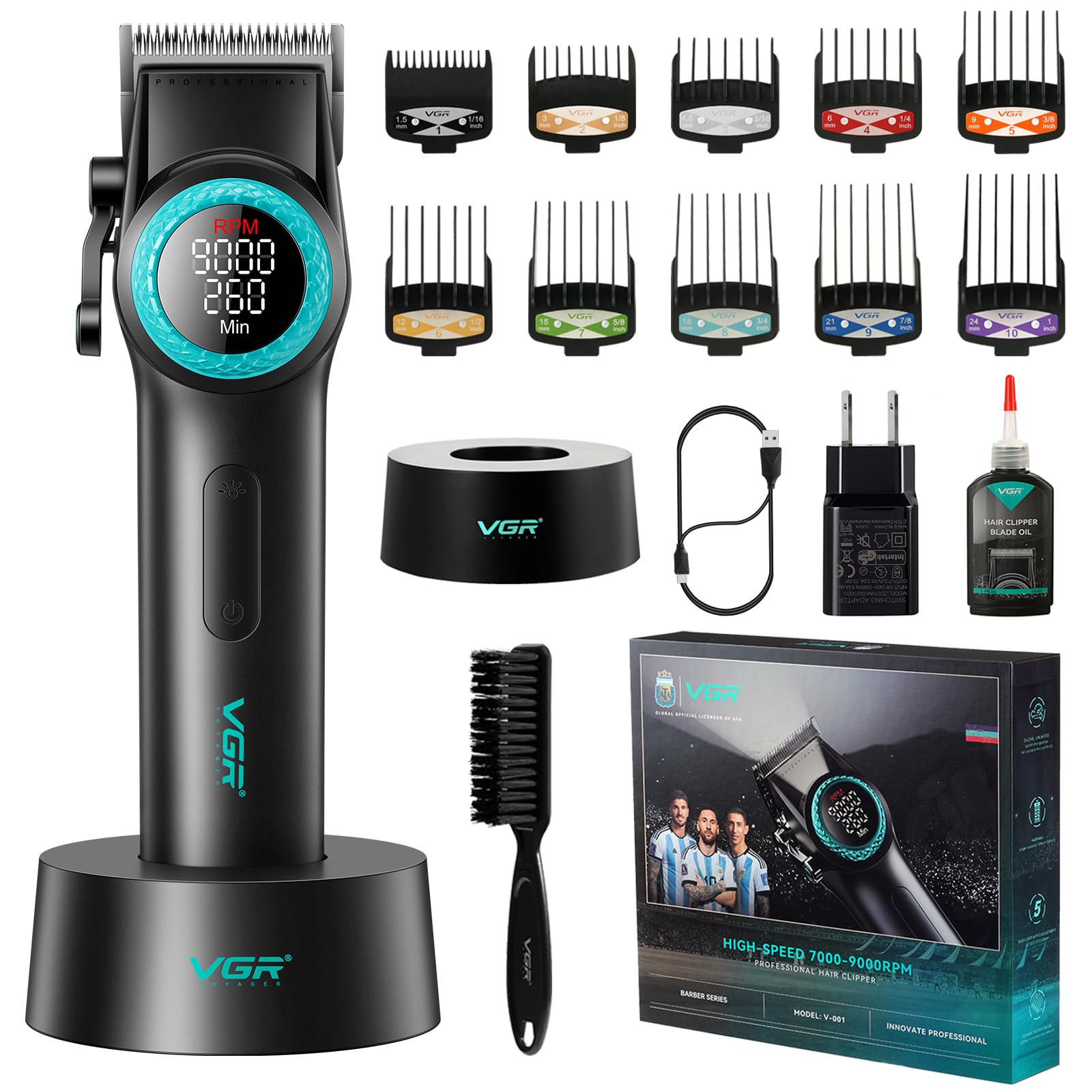 VGR 001 Professional Hair Clippers for Men, Cordless Barber Clippers for Hair Cutting, Carbon Steel Blade Hair Trimmers for Barbers, 9000RPM, LED Display, Black