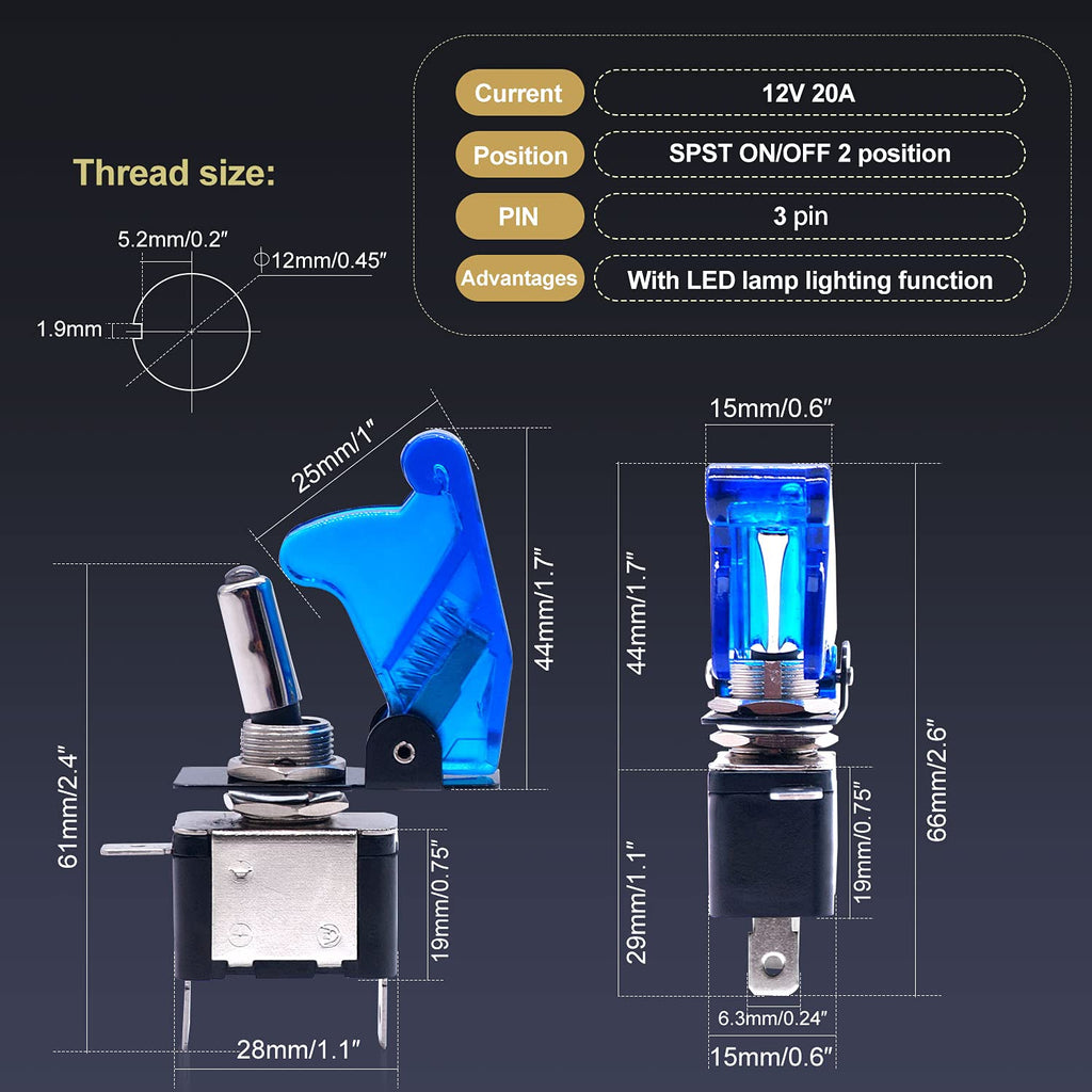 Twidec/3Pcs Rocker Toggle Switch 12V 20A Heavy Duty Racing Car Automotive Auto SPST ON/Off Toggle Switch Blue LED Light Illuminated 3Pin with Blue Waterproof Safety Cover ASW-07DBUBUMZ