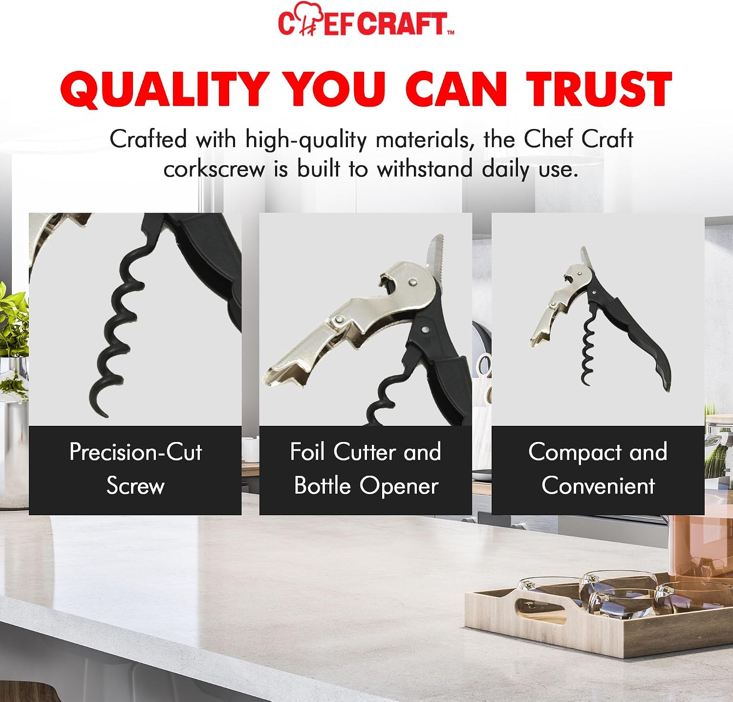 Chef Craft Select Waiters Corkscrew with Foil Cutter and Bottle Opener, 5 inches in Length, Stainless Steel/Black