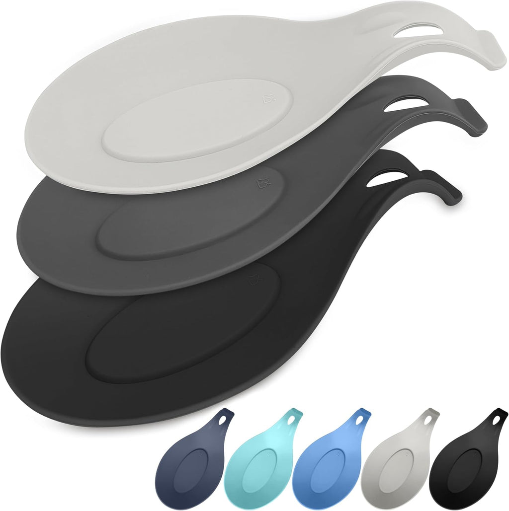 Silicone Spoon Rest for Stove Top Set of 3 – HEAT RESISTANT DISHWASHER SAFE Kitchen Utensil Holder for LARGE Utensils - Won’t Break - Non-Slip - Ideal for Glass & Induction Cooktops - for Home Cooks
