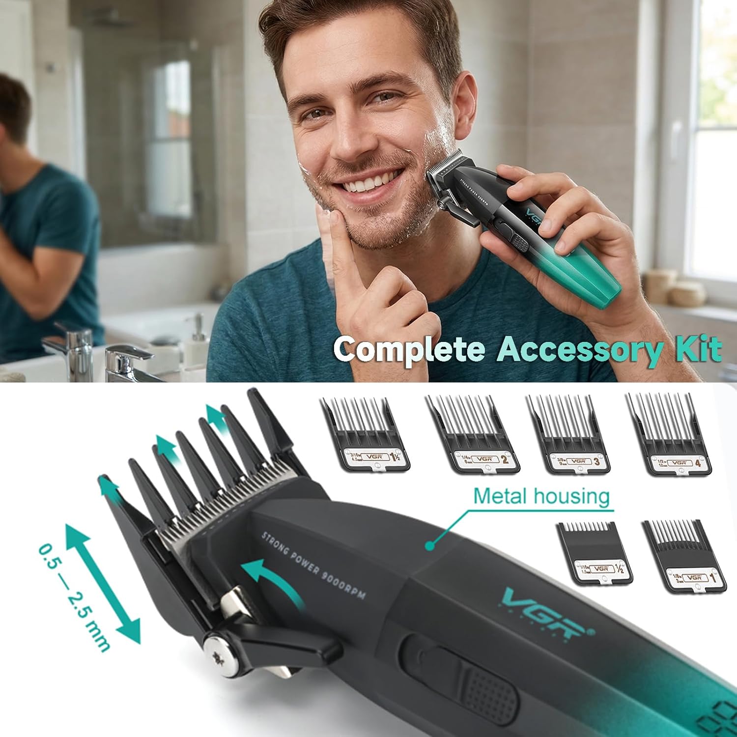 VGR 003 Fresh Fade Hair Clipper, Professional Hair Trimmer, Cord/Cordless Rechargeable Hair Cutting Tools with LED Display, 9000 RPM Barber Clippers, Green