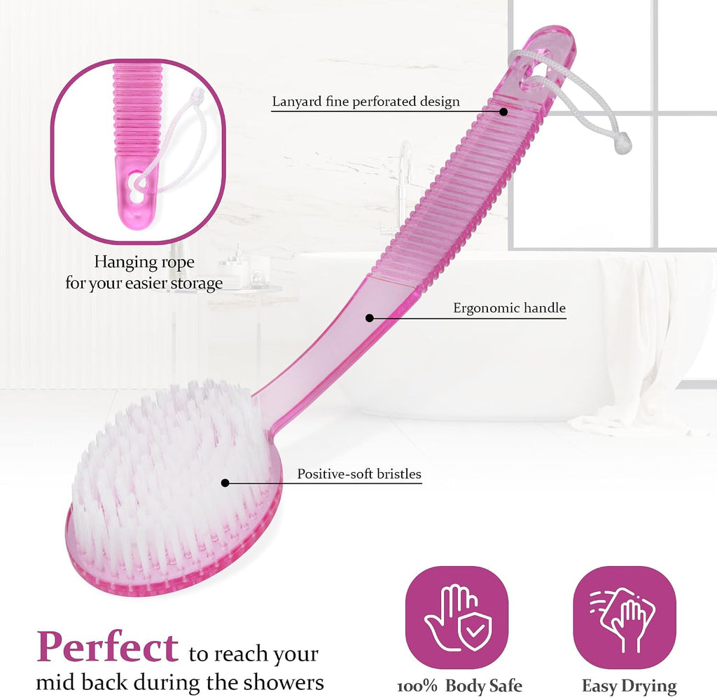 DecorRack Bath Brush with Bristles, Long Handle for Exfoliating Back, Body, and Feet, Bath and Shower Scrubber, Pink (1 Pack)