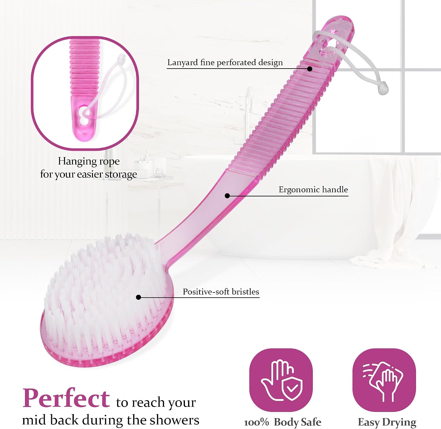 DecorRack Bath Brush with Bristles, Long Handle for Exfoliating Back, Body, and Feet, Bath and Shower Scrubber, Pink (1 Pack)