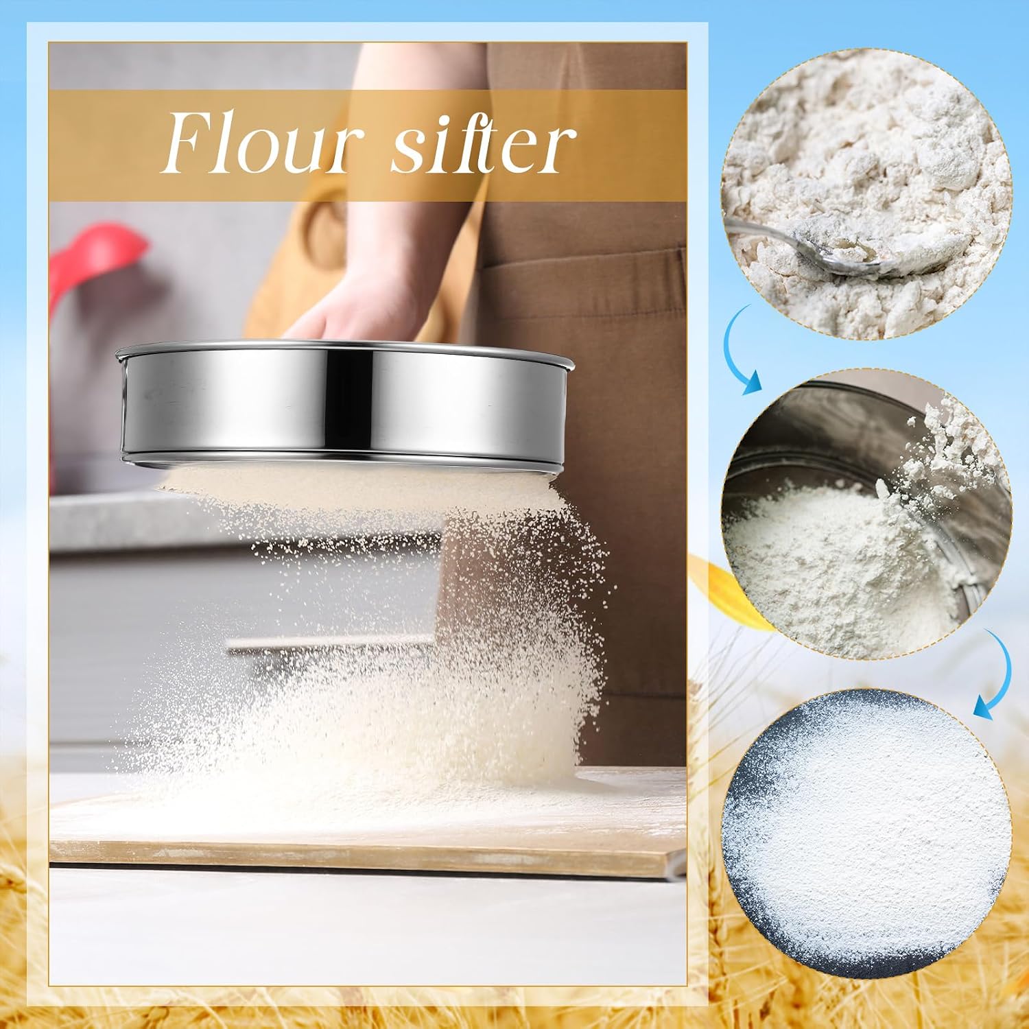 Patelai 1 Pc Stainless Steel Round Flour Sifter Sieve Fine Mesh for Bake Decorate Cakes, Pies, Pastries, Cupcakes (8 Inch 60 Mesh)