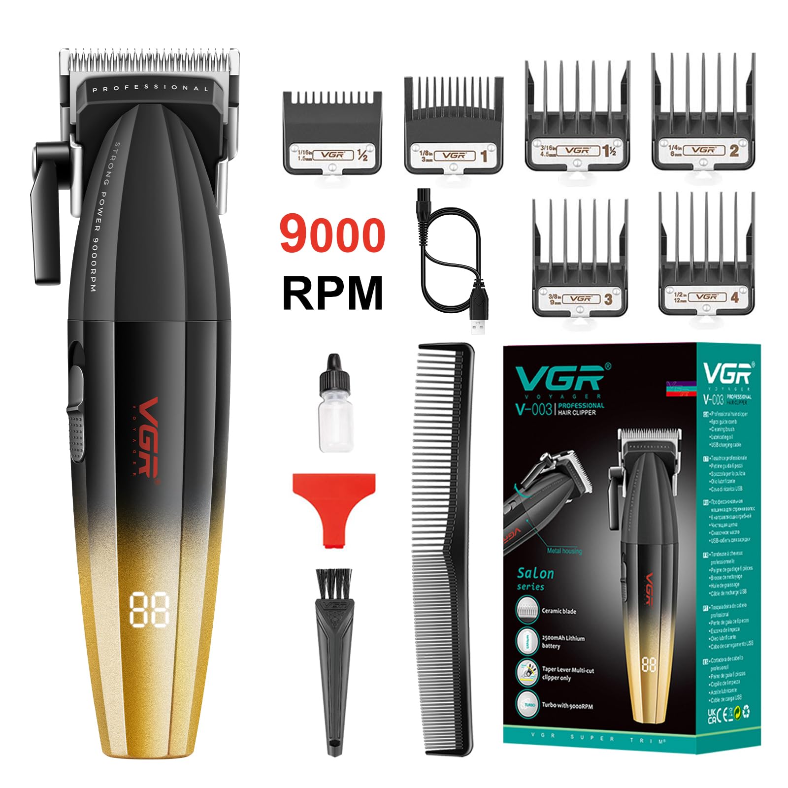 VGR 003 Fresh Fade Hair Clipper, Professional Hair Trimmer, Cord/Cordless Rechargeable Hair Cutting Tools with LED Display, 9000 RPM Barber Clippers, Green