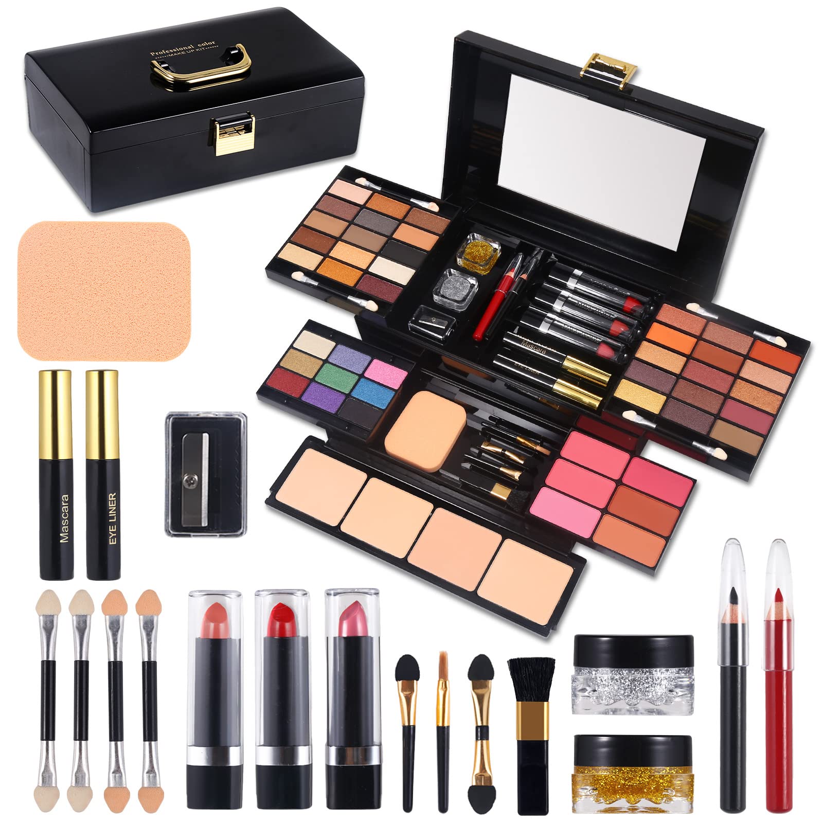 Professional Makeup Kit for Women Full Kit with Mirror 58 Colors All in One Make up Gift Set for Girls Included Eyeshadow,Compact Powder,Blusher,Lipstick,Eyebrow Pencil,Gitter Gel,Eyeliner,Mascara (N)