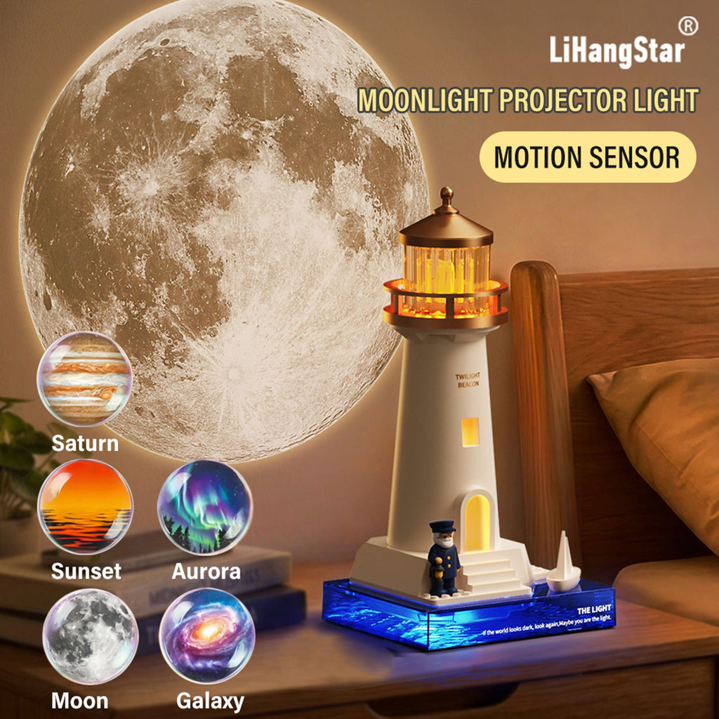 Smart Moonlight Lighthouse Galaxy Projector Light, USB Charging with Interchangeable Projection Film; Motion-sensor Night Light; Bedroom Bedside Lamp; LED Moonlight Projection Ambient Light; Suitable for Ceiling and Wall Decoration, Holiday Gifts