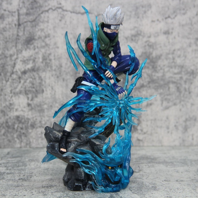Action Ninja PVC Figure - White Haired Martial Arts Poses with Dynamic Effect on Rock Base Collectible