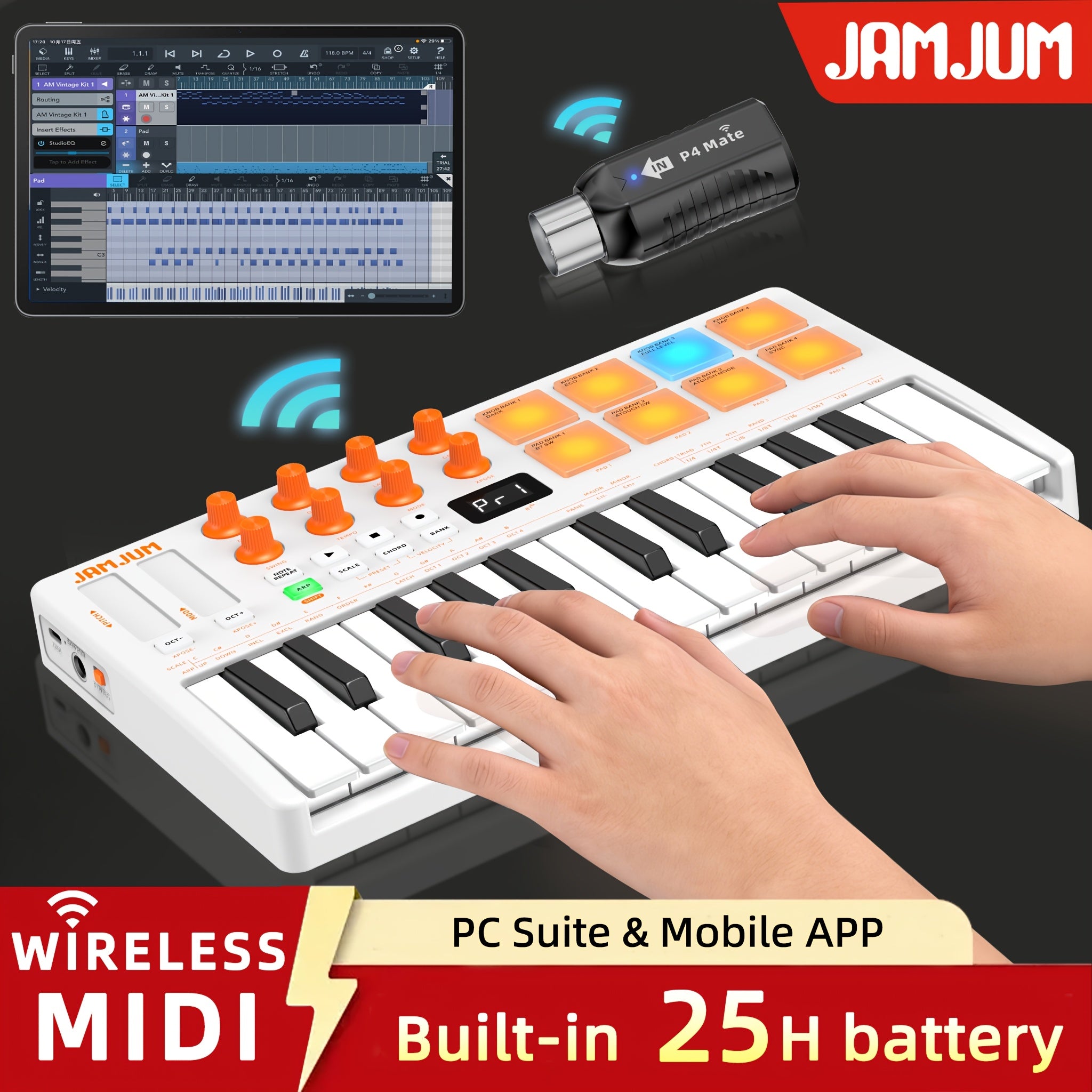 JAMJUM 25-Key MIDI klavijatura sa Drum Pad/Knob, bežičnom konekcijom, DAW kontrolom, podržava bežični MIDI OUT, punjiva baterija sa MIDI risiverom