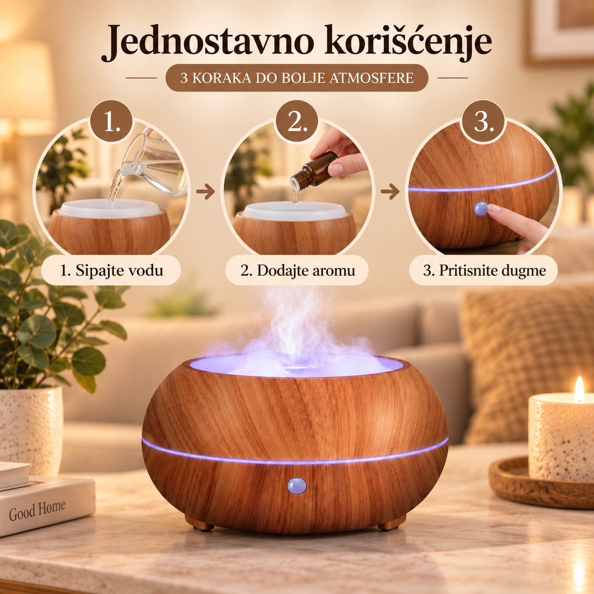 Aroma difuzer i ovlaživač vazduha 300 ml – drveni dizajn za dom