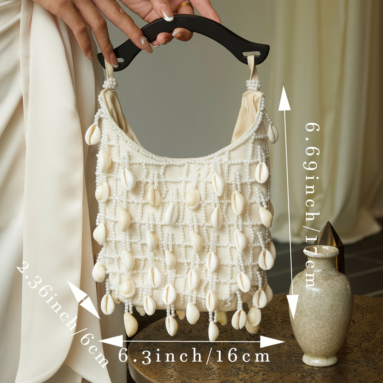 Women's Beaded Checkered ic Closure Handbag with Shell Pendant & Wood-Shaped Handle - Solid Color Suitable for Dinners, Parties, Weddings, Proms, Daily Wear - Elegant Versatile Bag for Dresses, Casual & Formal Outfits
