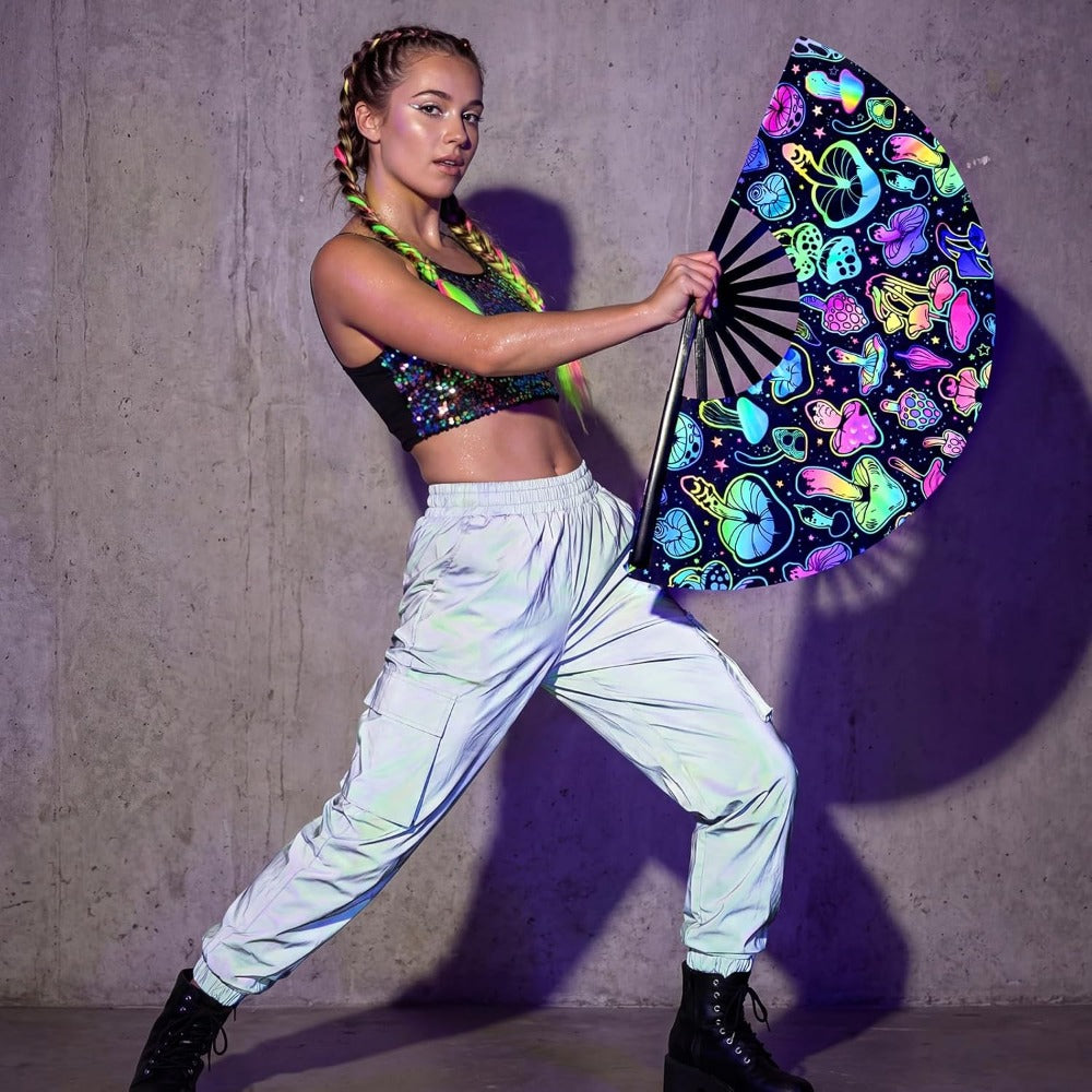 6 komada UV svetlećih velikih sklopivih ručnih lepeza za rejv, muškarce i žene, pljeskajuće lepeze za linijski ples, kineske i japanske klik lepeze za EDM muzički festival, klub, zabavu, ples, poklon