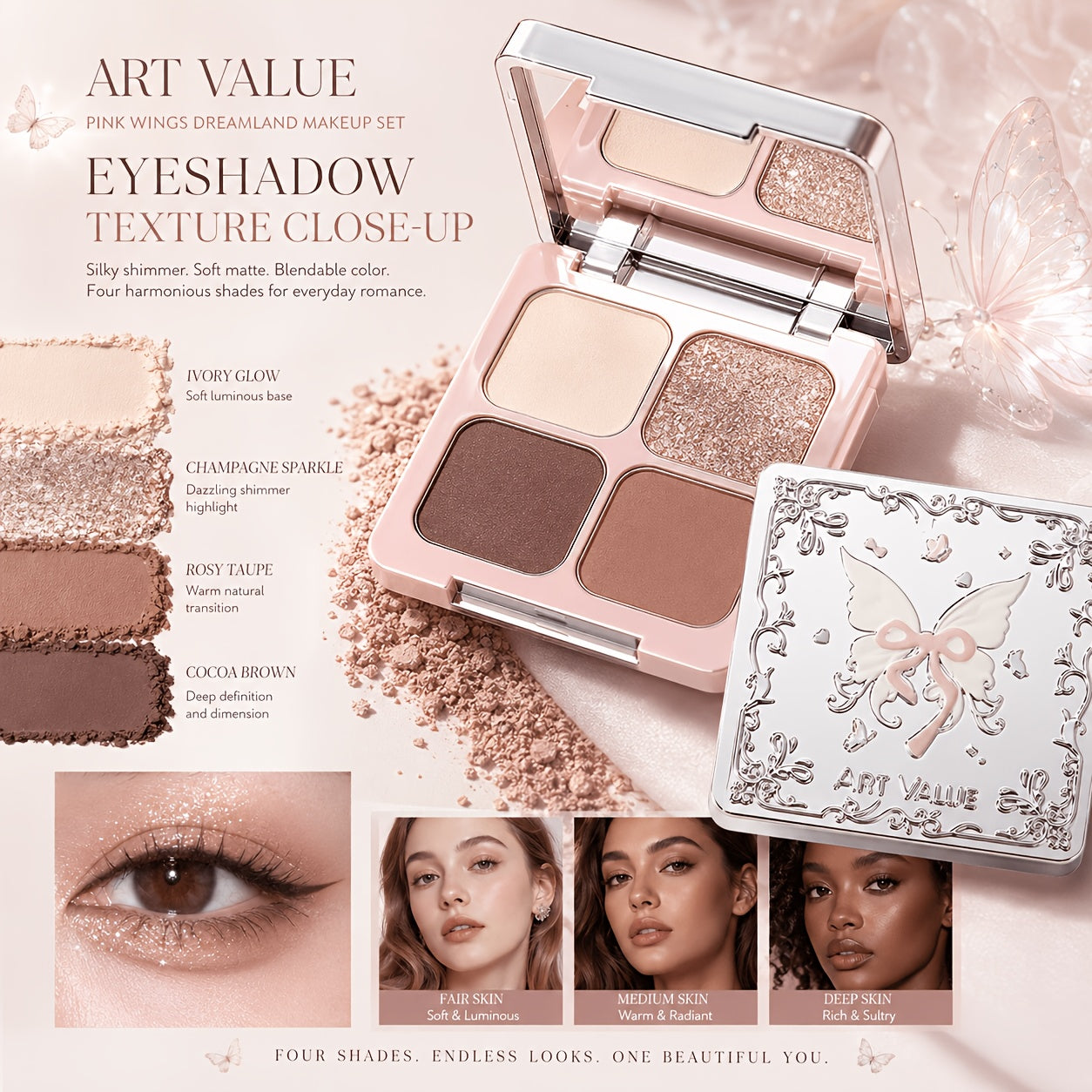 9 kom/ART VALUE Dream Wings Dream Set za Šminkanje, Kompletan Set Šminkarskih Proizvoda, sa Prefinjenim Reljefnim Dizajnom, Obuhvata Sve Stavke, Pogodan za Sve Tipove Kože, Idealno za Sezonu Venčanja, Rođendanske Poklone, Božićne Dekoracije i Poklone za N