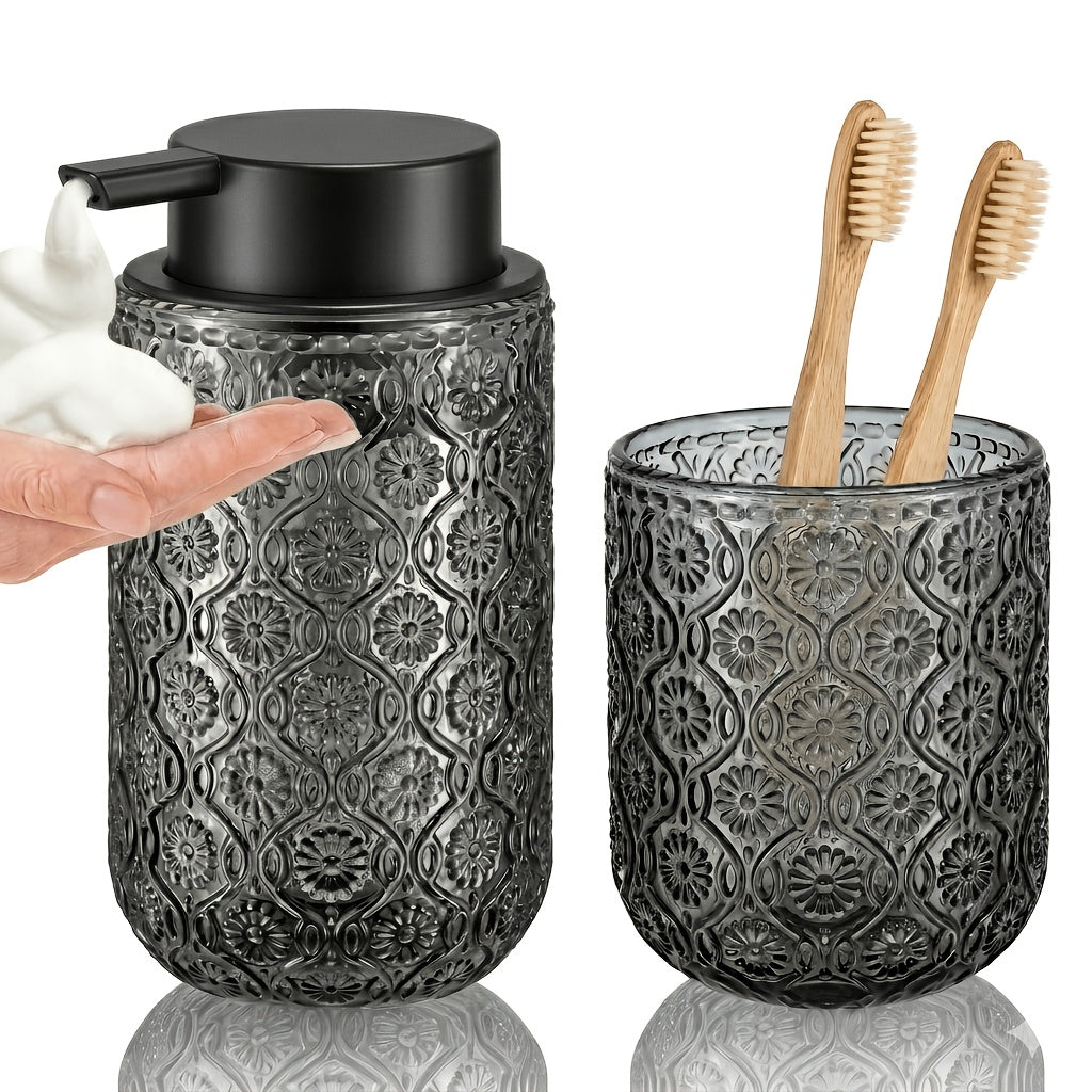 Set za kupatilo: Set od 2 staklena posuda sa motivom cveta jabuke, dozator za sapun od pene, držač za četkice za zube, pogodno za kupatilo, zeleno