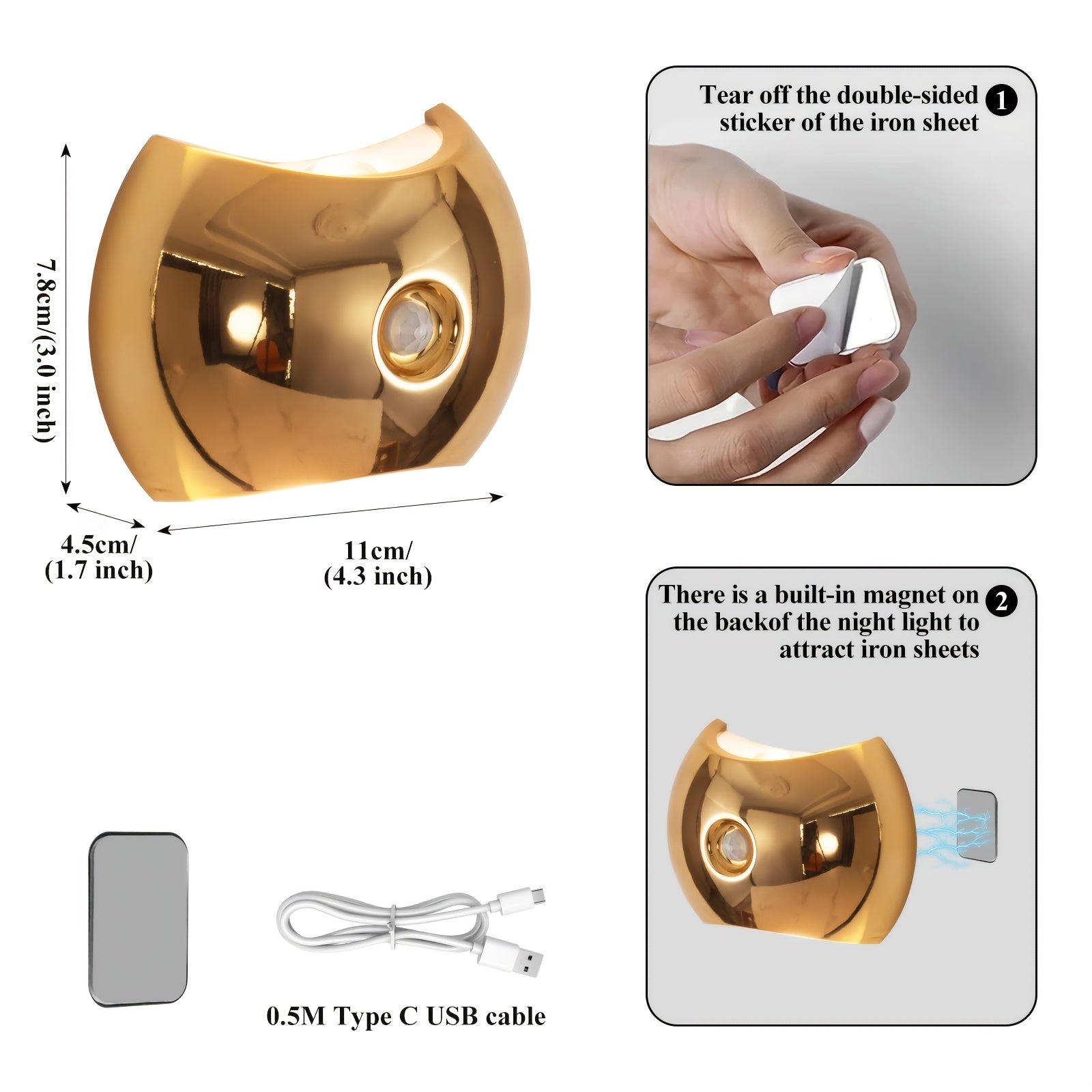 1pc 2pcs Golden Smart Lights, LED Wall Lights with Motion Sensors, USB Rechargeable Night Lights, Suitable for Places Such As Stairwells, Corridors, Bedrooms, Cabinets, Etc. Portable Magnetic Installation Induction Lights