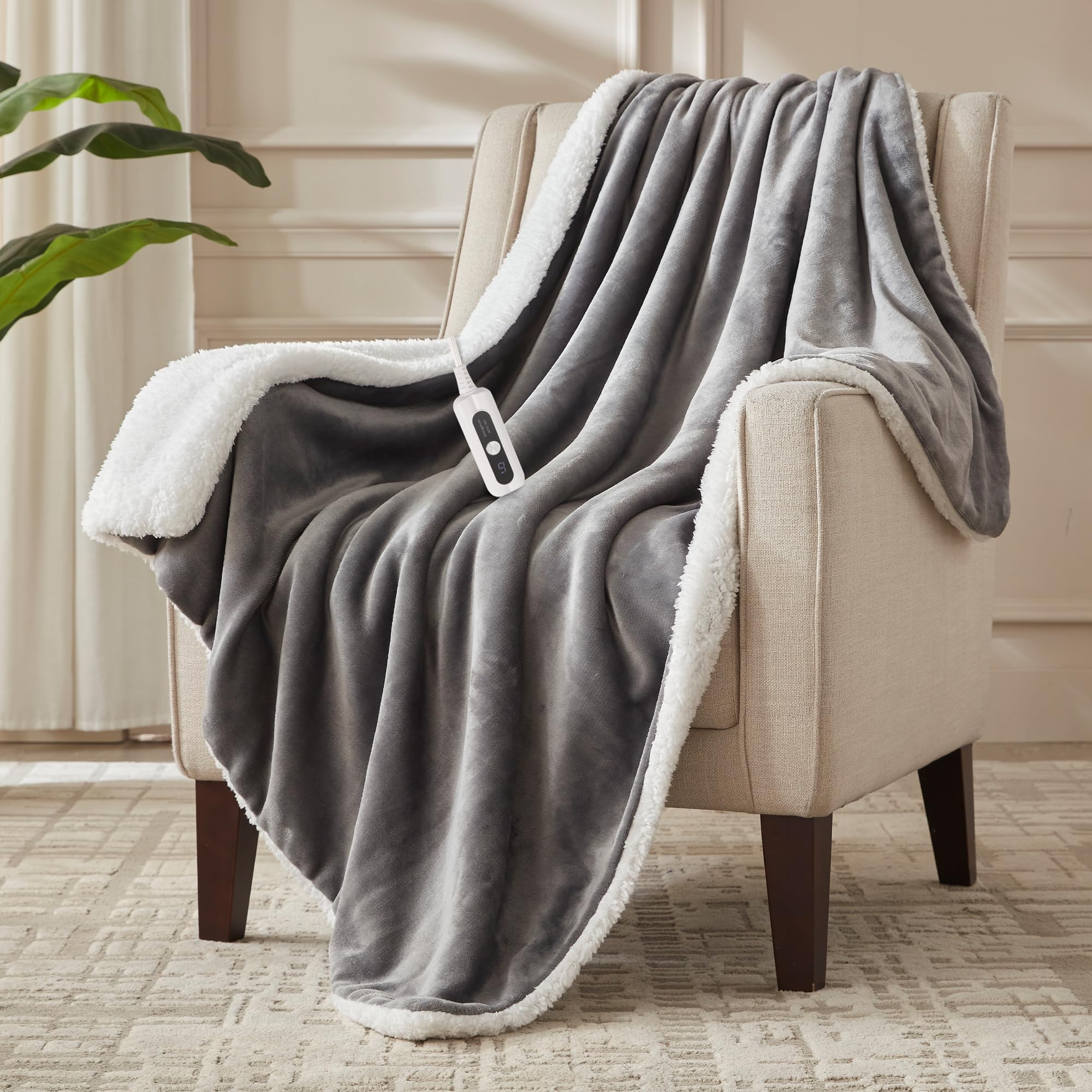 SNUGSUN Electric Heated Blanket Throw Size, Soft and Cozy Thickened Flannel and Sherpa Electric Blanket for Bed, Automatic Safety System 6 Heating Levels & 10 Hours Auto-Off, 50"x60" Slate Grey
