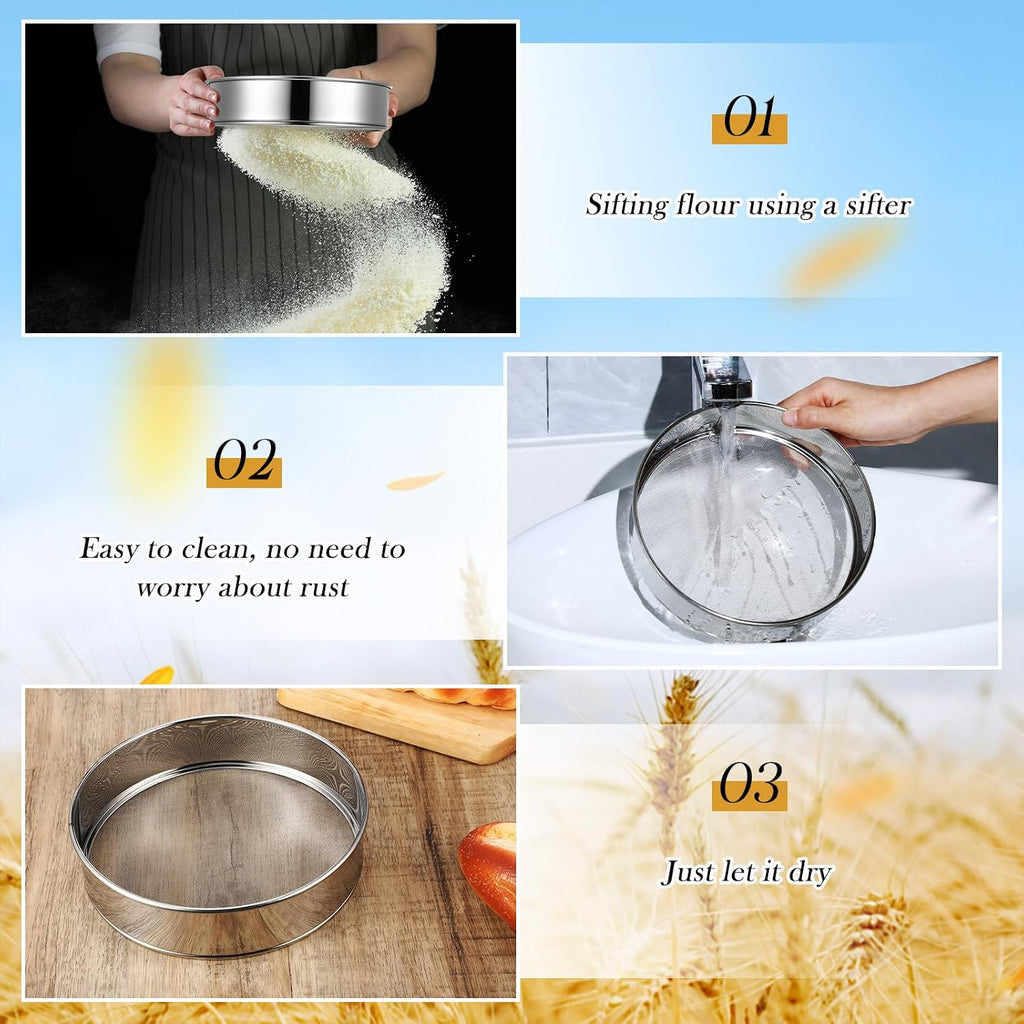 Patelai 1 Pc Stainless Steel Round Flour Sifter Sieve Fine Mesh for Bake Decorate Cakes, Pies, Pastries, Cupcakes (8 Inch 60 Mesh)