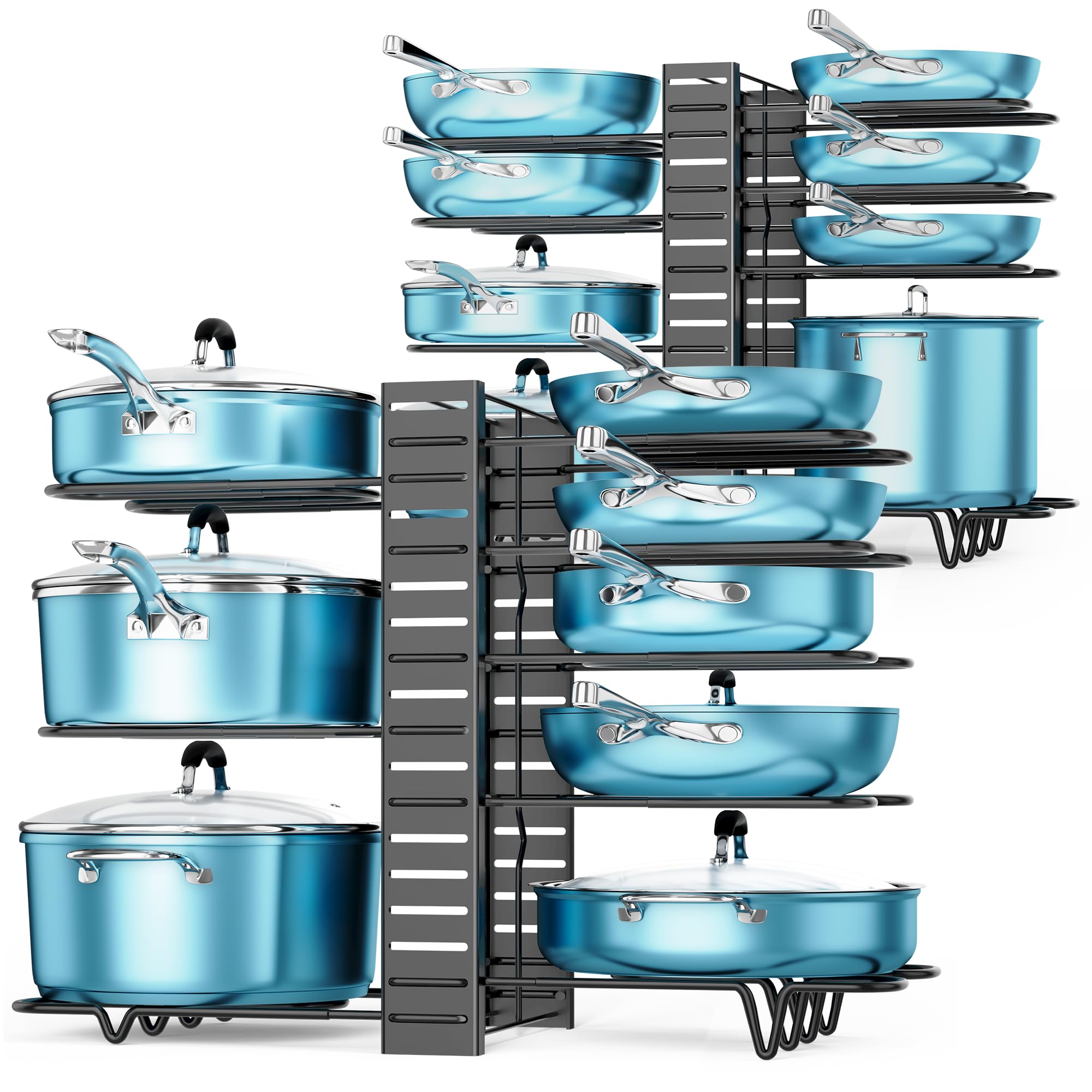 ORDORA Pots and Pans Organizer for Cabinet 16.61 Height, 8 Tier Pot Organizers Rack with 3 DIY Methods, Adjustable Pan Organizer under Cabinet Kitchen Organization and Storage