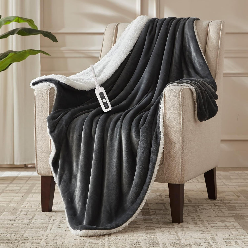 SNUGSUN Electric Heated Blanket Throw Size, Soft and Cozy Thickened Flannel and Sherpa Electric Blanket for Bed, Automatic Safety System 6 Heating Levels & 10 Hours Auto-Off, 50"x60" Slate Grey