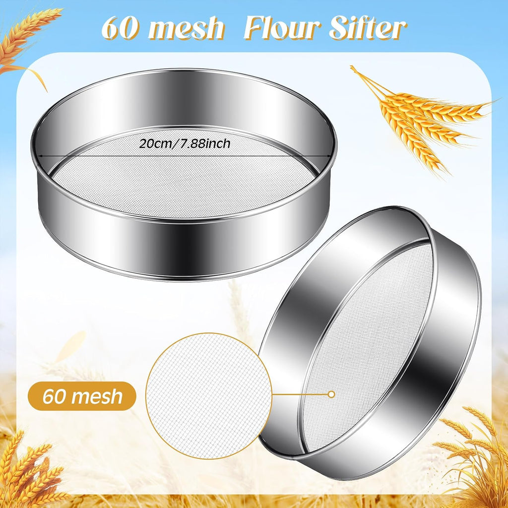 Patelai 1 Pc Stainless Steel Round Flour Sifter Sieve Fine Mesh for Bake Decorate Cakes, Pies, Pastries, Cupcakes (8 Inch 60 Mesh)