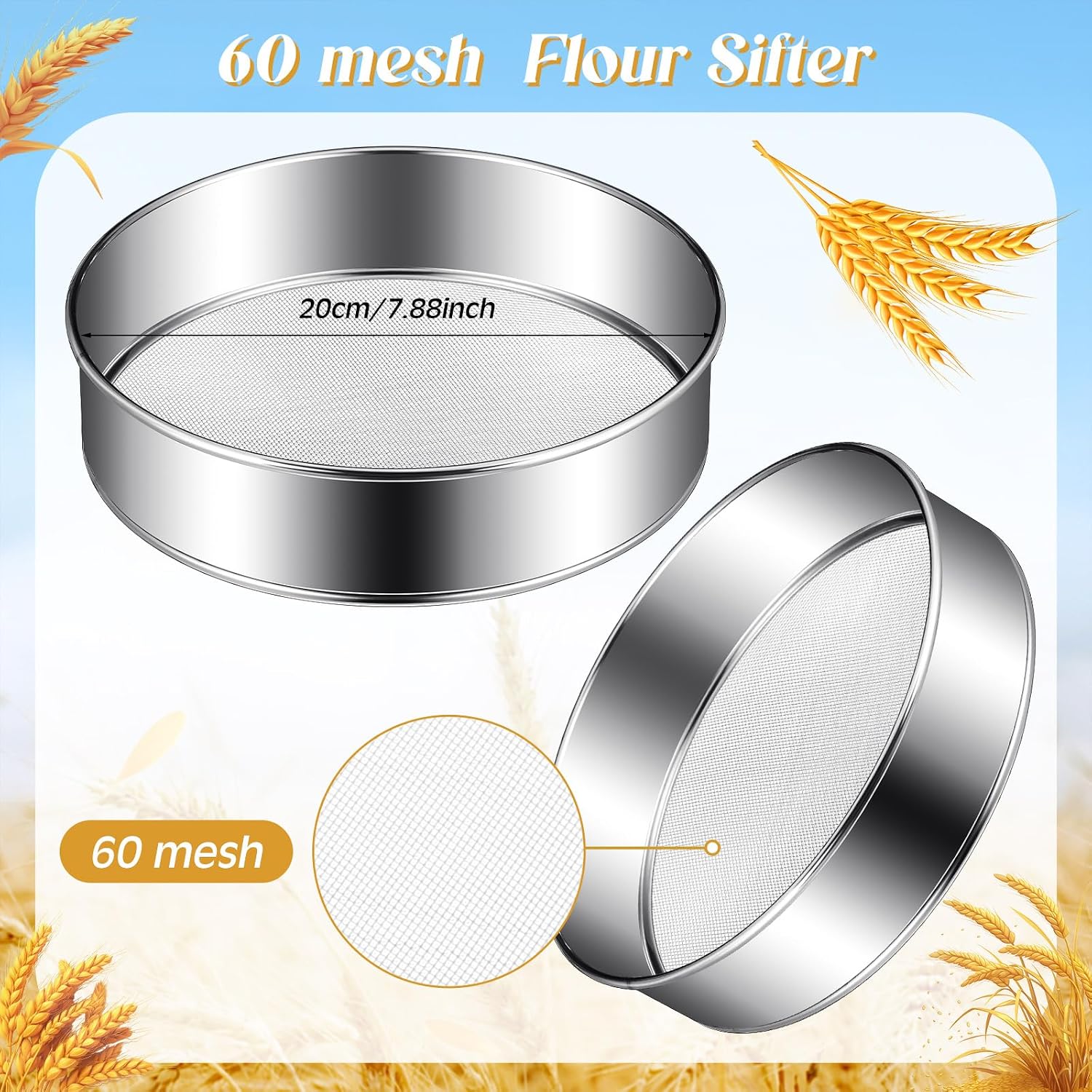 Patelai 1 Pc Stainless Steel Round Flour Sifter Sieve Fine Mesh for Bake Decorate Cakes, Pies, Pastries, Cupcakes (8 Inch 60 Mesh)