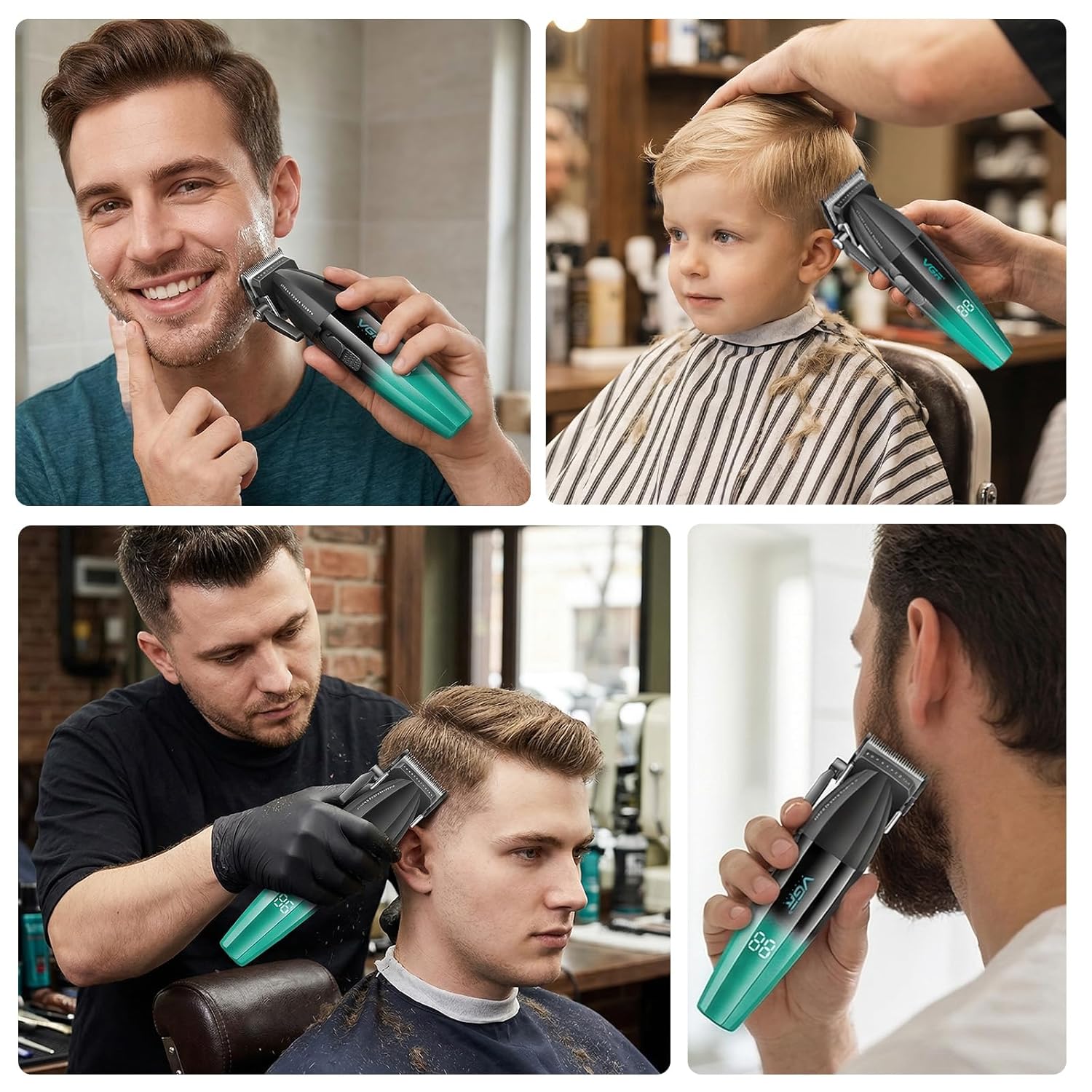 VGR 003 Fresh Fade Hair Clipper, Professional Hair Trimmer, Cord/Cordless Rechargeable Hair Cutting Tools with LED Display, 9000 RPM Barber Clippers, Green