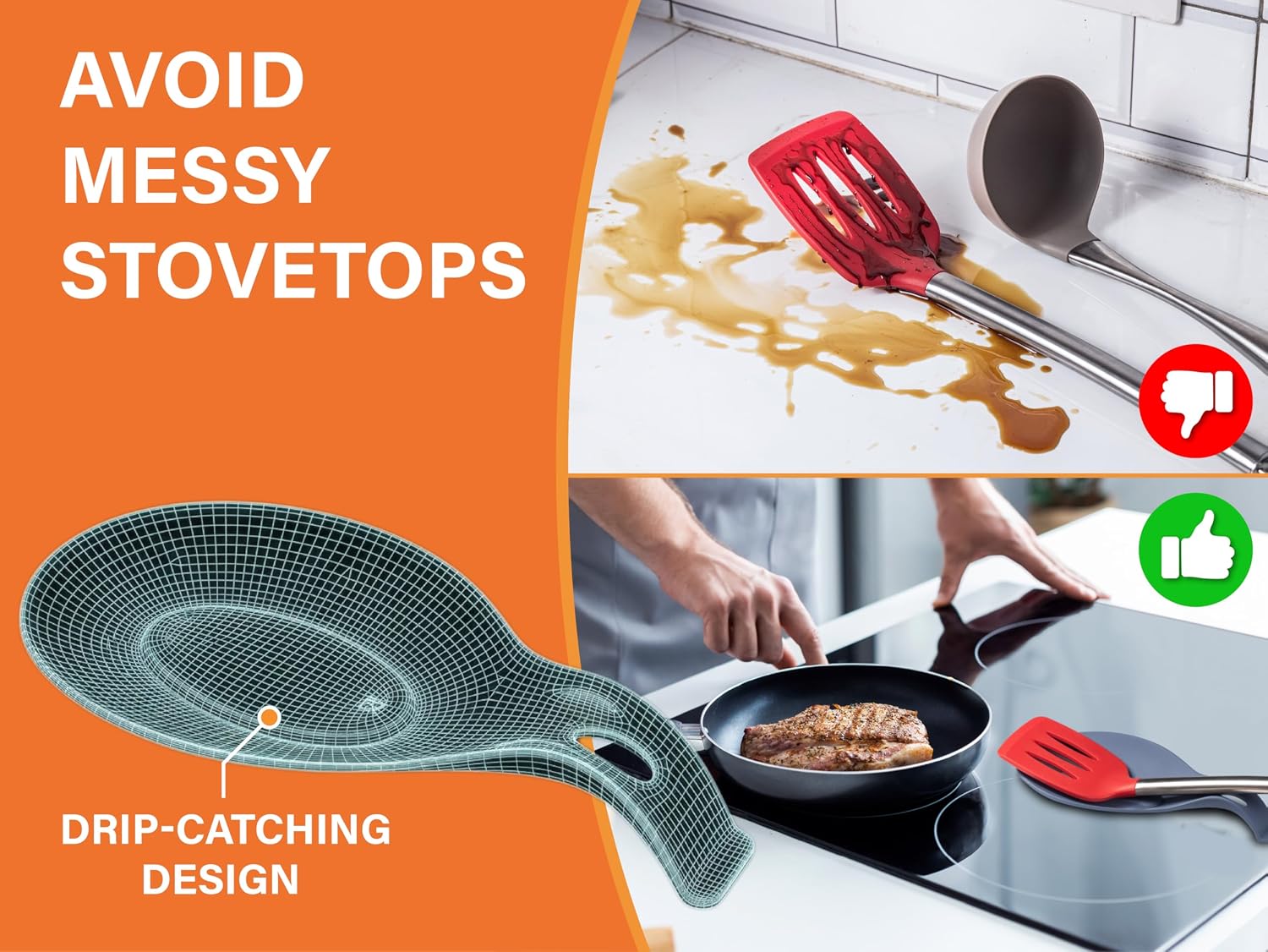 Silicone Spoon Rest for Stove Top Set of 3 – HEAT RESISTANT DISHWASHER SAFE Kitchen Utensil Holder for LARGE Utensils - Won’t Break - Non-Slip - Ideal for Glass & Induction Cooktops - for Home Cooks