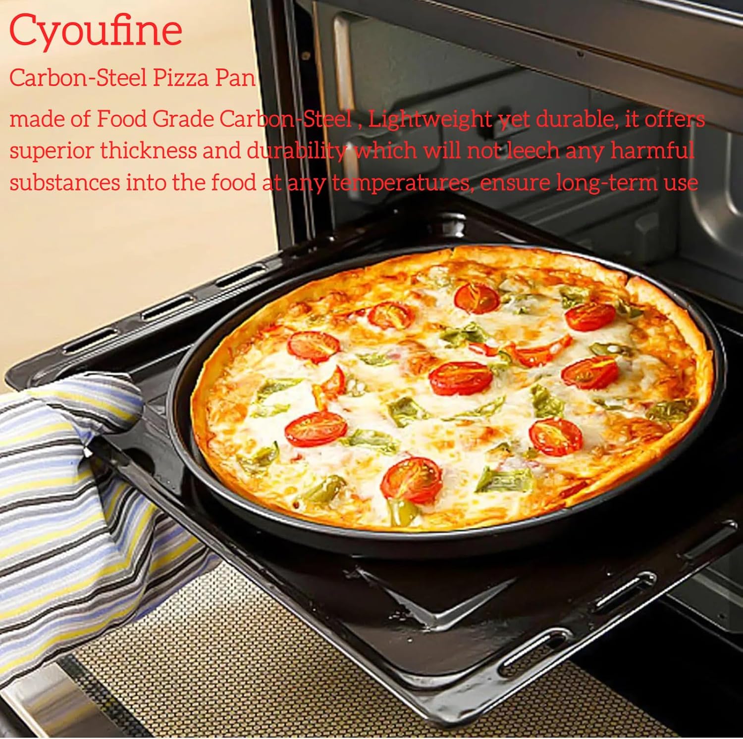 Cyoufine12 Inch Pizza Pan, Stainless Carbon-Steel Pizza Tray for Baking, Black Nonstick Round Baking Sheet Plate for Home Kitchen