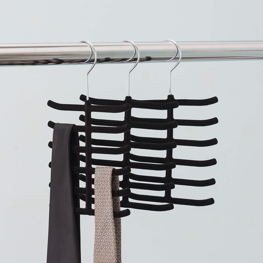 3-Pack Non-Slip Velvet Tie Hanger Organizer Rack by Home Basics | 360° Rotatable Hook | Holds 12 Ties Each | Versatile for Belts and Scarves | Slim Design