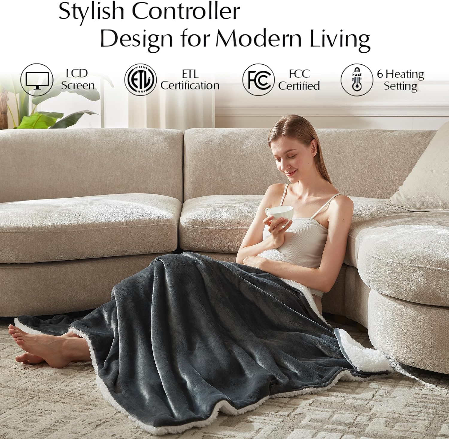 SNUGSUN Electric Heated Blanket Throw Size, Soft and Cozy Thickened Flannel and Sherpa Electric Blanket for Bed, Automatic Safety System 6 Heating Levels & 10 Hours Auto-Off, 50"x60" Slate Grey