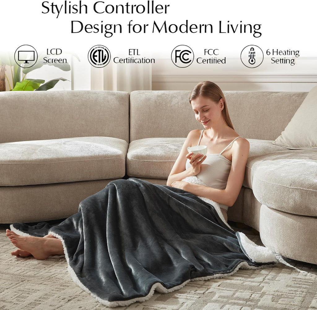 SNUGSUN Electric Heated Blanket Throw Size, Soft and Cozy Thickened Flannel and Sherpa Electric Blanket for Bed, Automatic Safety System 6 Heating Levels & 10 Hours Auto-Off, 50"x60" Slate Grey