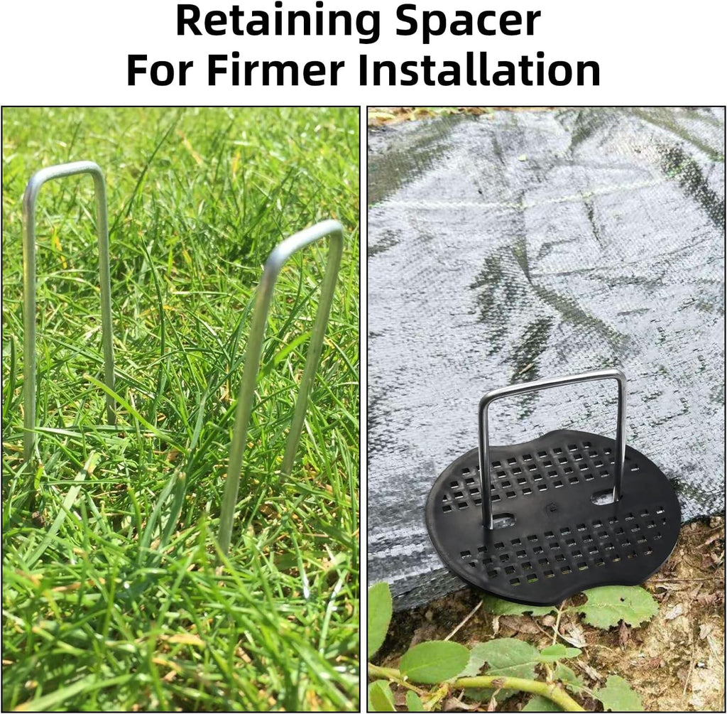 100 Pack 6 Inch Landscape Staples & 100pcs Fixing Gasket Sets, Garden Stakes Galvanized Steel Fabric Pins Heavy-Duty U Shape Sod Turf Pins for Ground Weed Fabric Barrier, Orchard, Yard, Tents