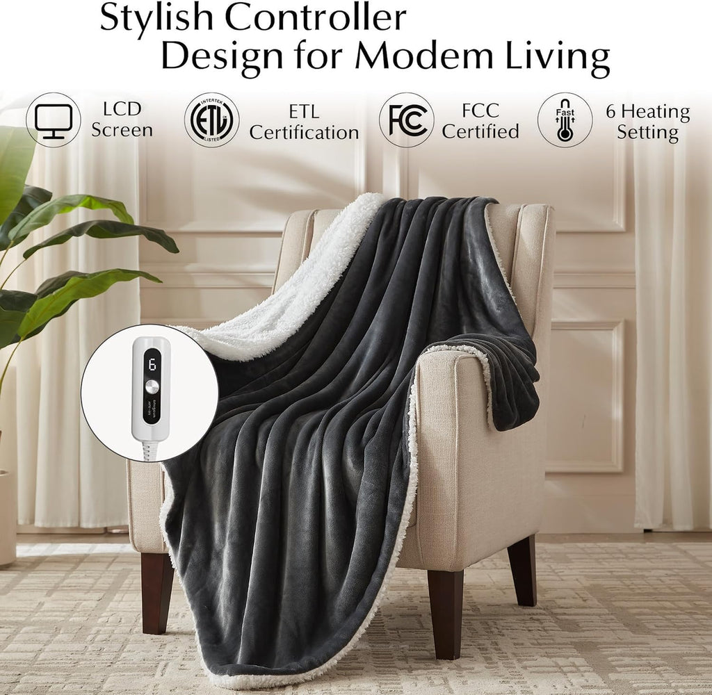 SNUGSUN Electric Heated Blanket Throw Size, Soft and Cozy Thickened Flannel and Sherpa Electric Blanket for Bed, Automatic Safety System 6 Heating Levels & 10 Hours Auto-Off, 50"x60" Slate Grey