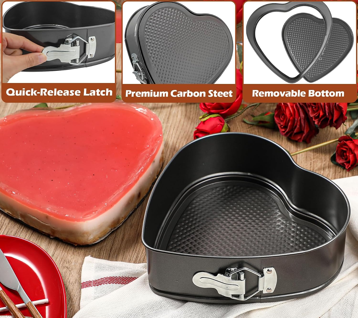 Webake 9in Heart Shaped Nonstick Springform Pan, Ideal for Cheesecakes, Quiches, Black
