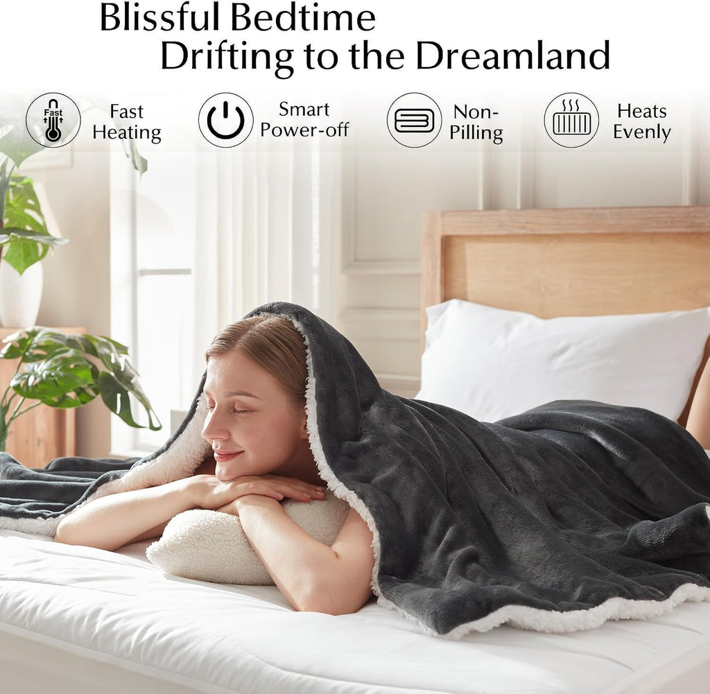 SNUGSUN Electric Heated Blanket Throw Size, Soft and Cozy Thickened Flannel and Sherpa Electric Blanket for Bed, Automatic Safety System 6 Heating Levels & 10 Hours Auto-Off, 50"x60" Slate Grey
