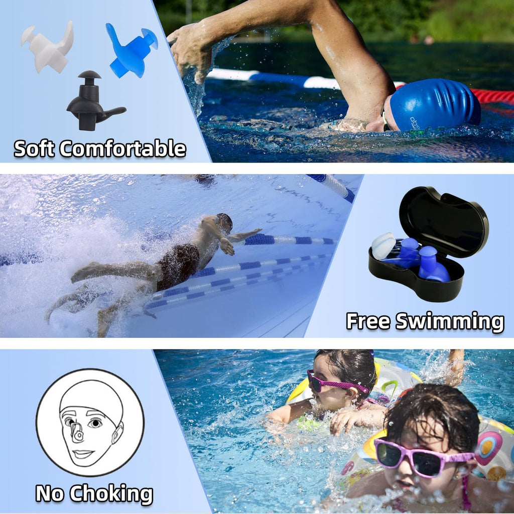 6 Set Swimming Earplugs and Swimming Nose Clips, BOSOIRSOU 6 Pairs Waterproof Silicone Reusable Ear & 6 pcs Nose Protector for Man Woman Swimmers Pool Bath Showering Surfing Kayaking