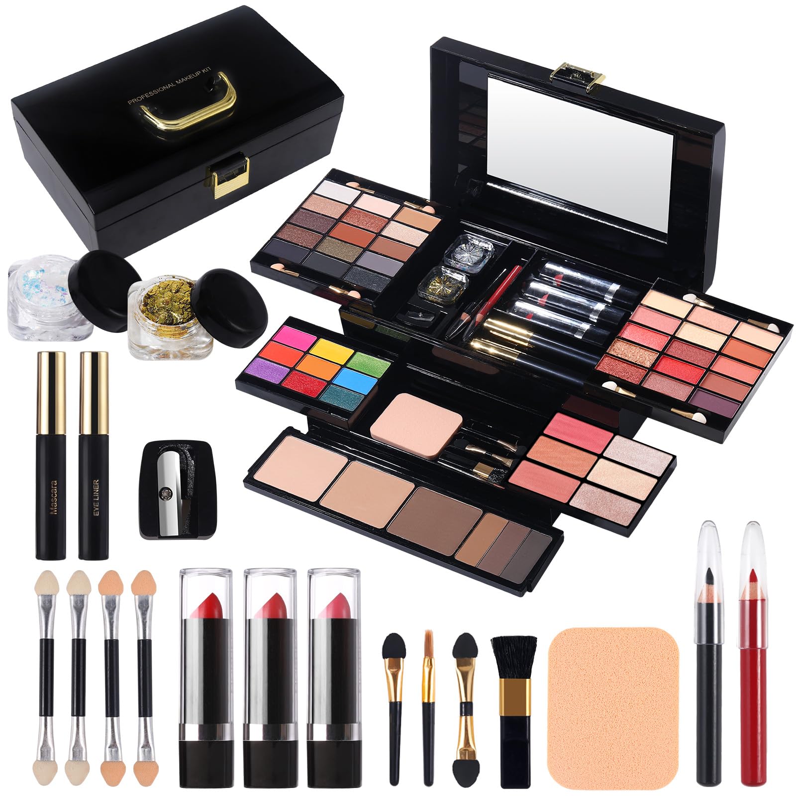 Professional Makeup Kit for Women Full Kit with Mirror 58 Colors All in One Make up Gift Set for Girls Included Eyeshadow,Compact Powder,Blusher,Lipstick,Eyebrow Pencil,Gitter Gel,Eyeliner,Mascara (N)