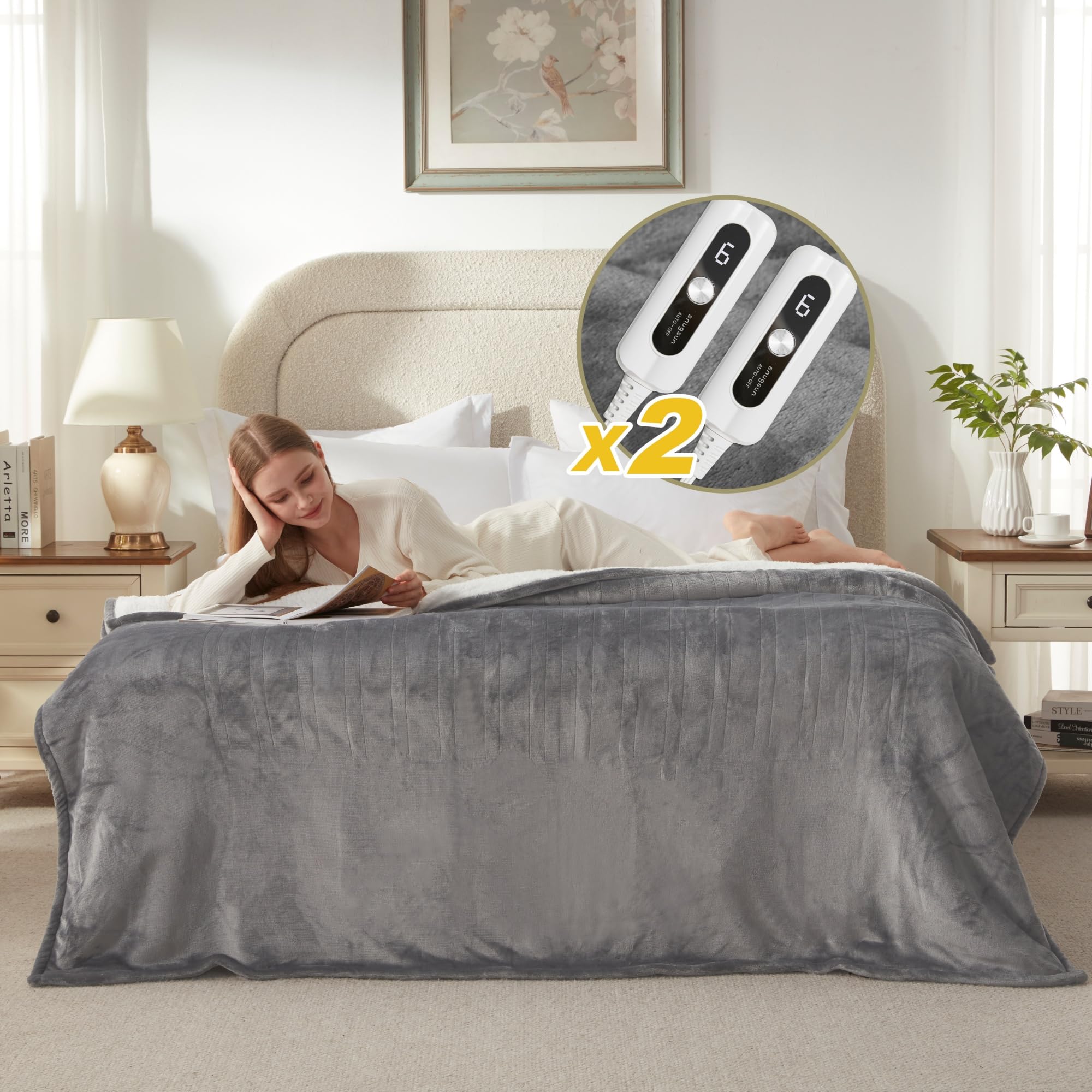 SNUGSUN Electric Heated Blanket Throw Size, Soft and Cozy Thickened Flannel and Sherpa Electric Blanket for Bed, Automatic Safety System 6 Heating Levels & 10 Hours Auto-Off, 50"x60" Slate Grey