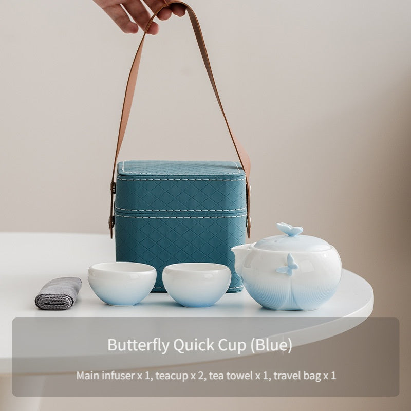 1 Set of Handmade Butterfly-shaped Ceramic Teapot, Including One Teapot and Two Cups with a Storage Bag, Portable Kung Fu Tea Set for Outdoor Camping, a Cute and Creative Gift