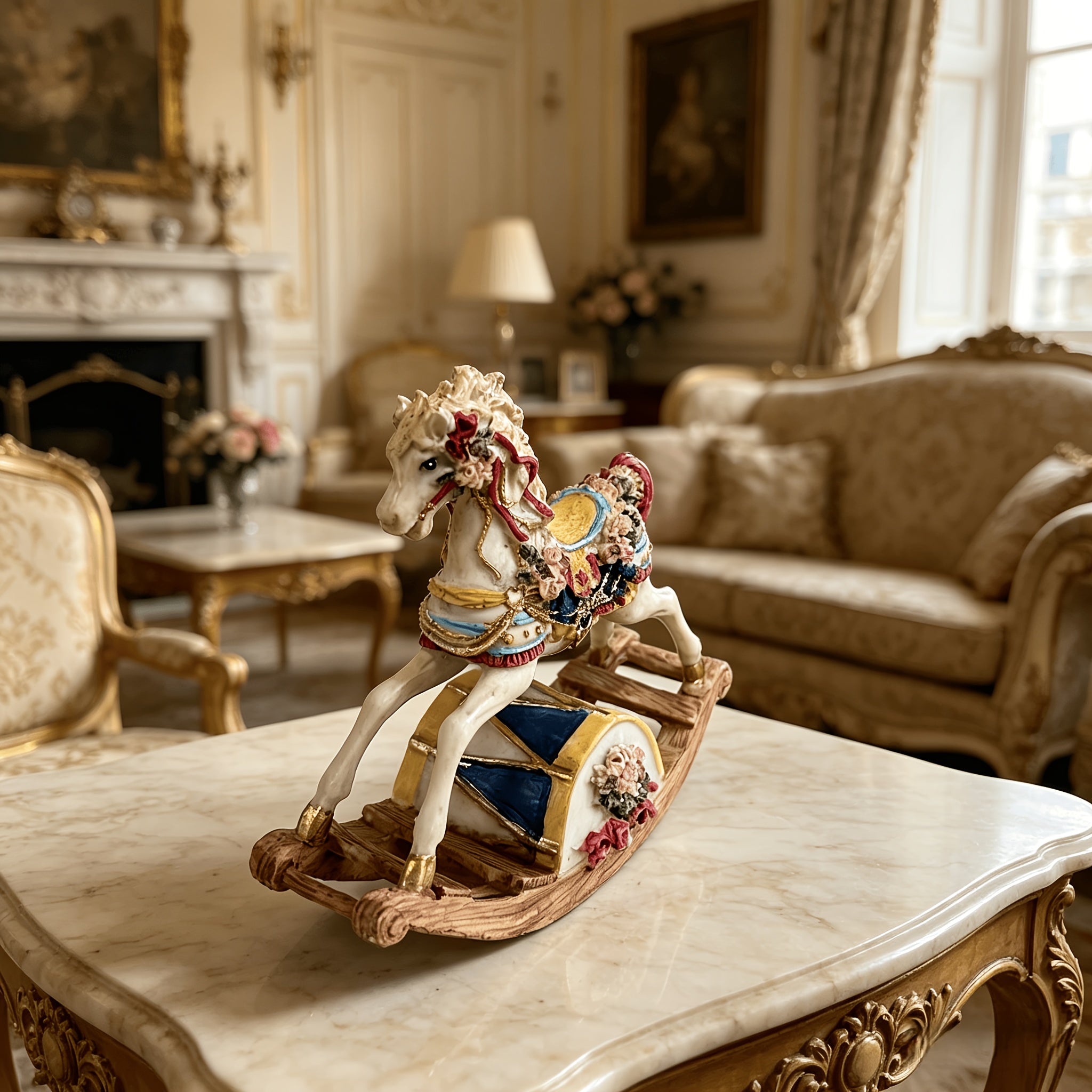1pc Vintage European Rocking Horse Figurine - Resin Rocaille Horse with Floral Base & Rocker Motion Suitable for Living Room,, Desktop Decor - Luxury Fairy Tale Gift for, Birthday, Housewarming Presents, Historical Collectible