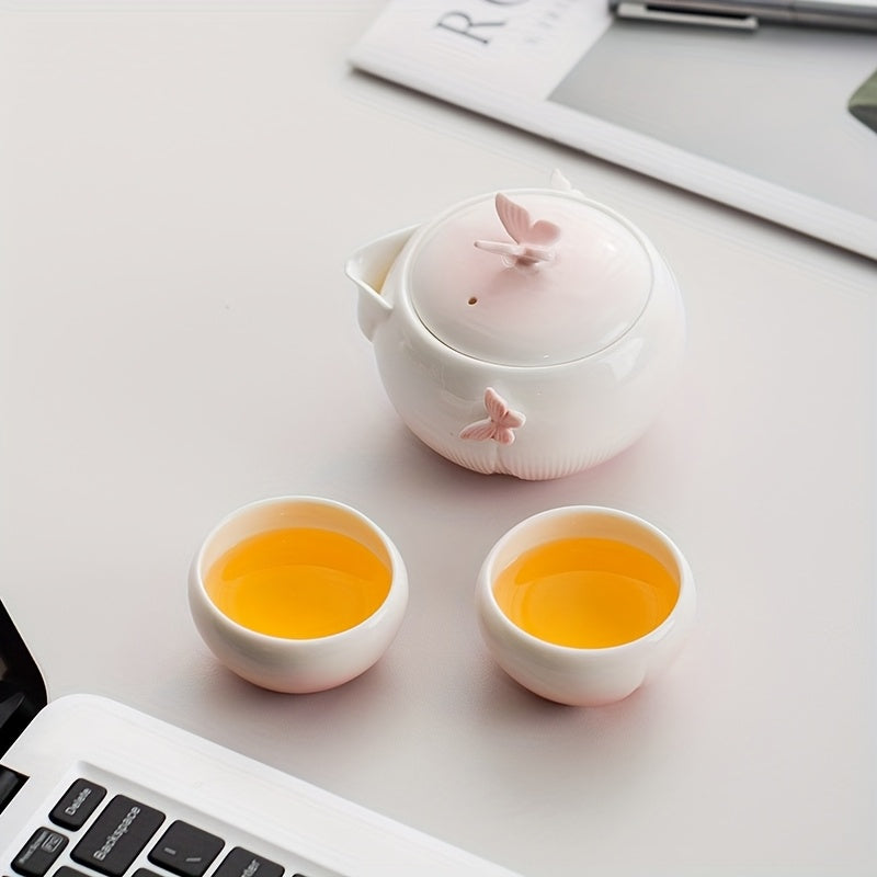 1 Set of Handmade Butterfly-shaped Ceramic Teapot, Including One Teapot and Two Cups with a Storage Bag, Portable Kung Fu Tea Set for Outdoor Camping, a Cute and Creative Gift
